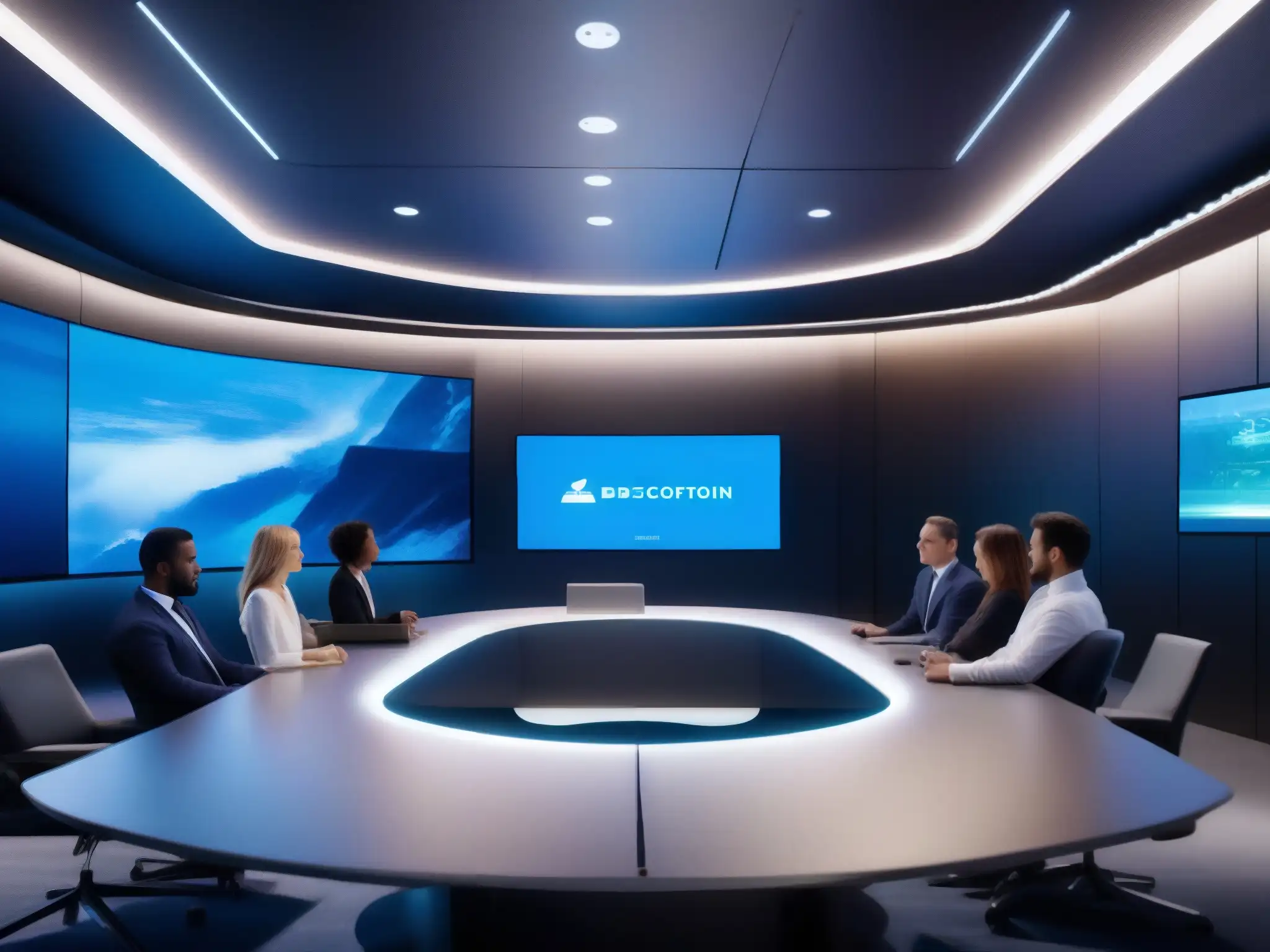 Sala de videoconferencias futurista con seguridad avanzada y tecnología de vanguardia en 8k Una sala de videoconferencias futurista y segura con tecnología de vanguardia y tácticas para videoconferencias seguras