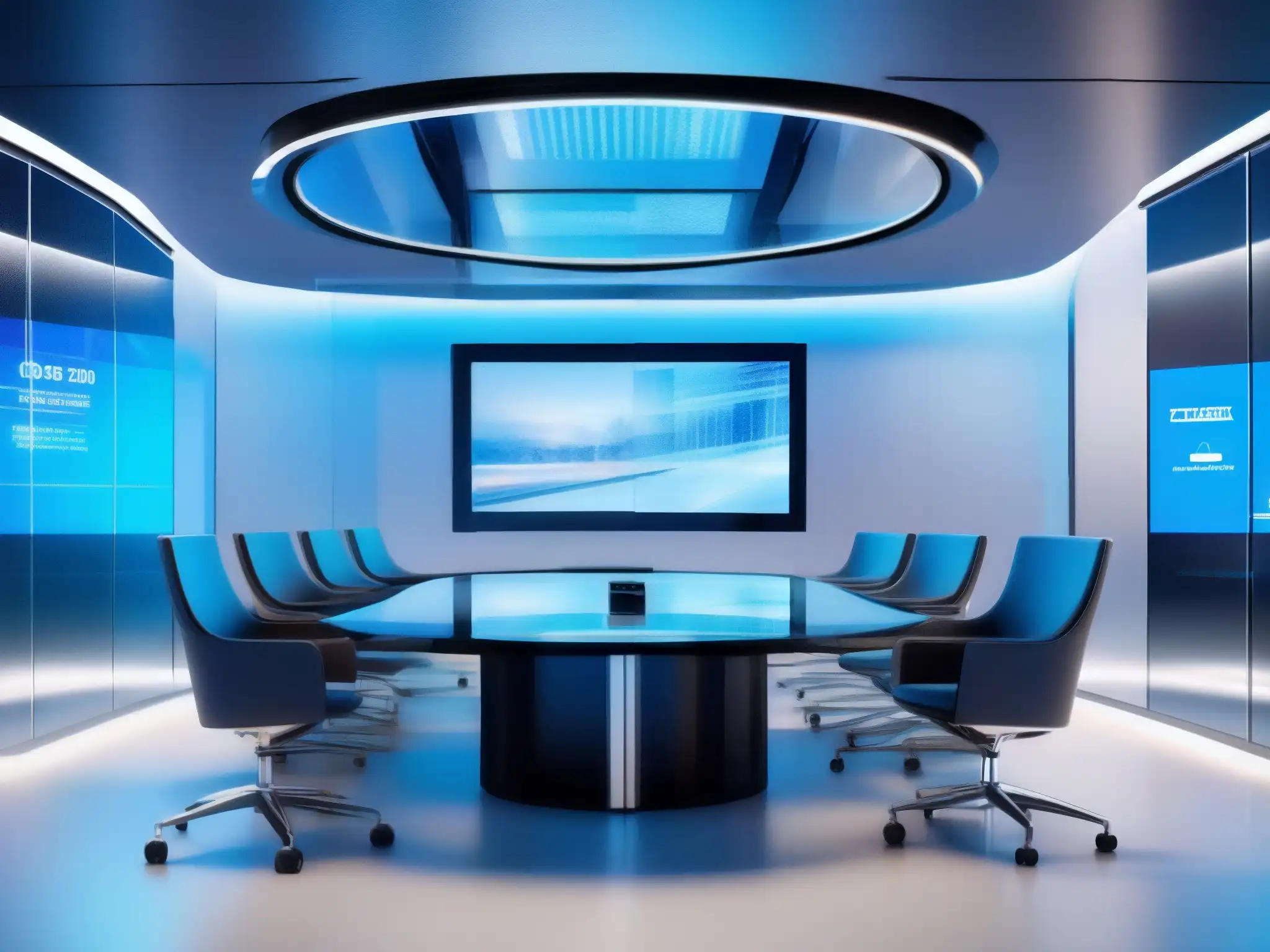 Sala de Conferencias Virtuales Seguras Una sala de videoconferencias futurista y segura, con profesionales en una reunión