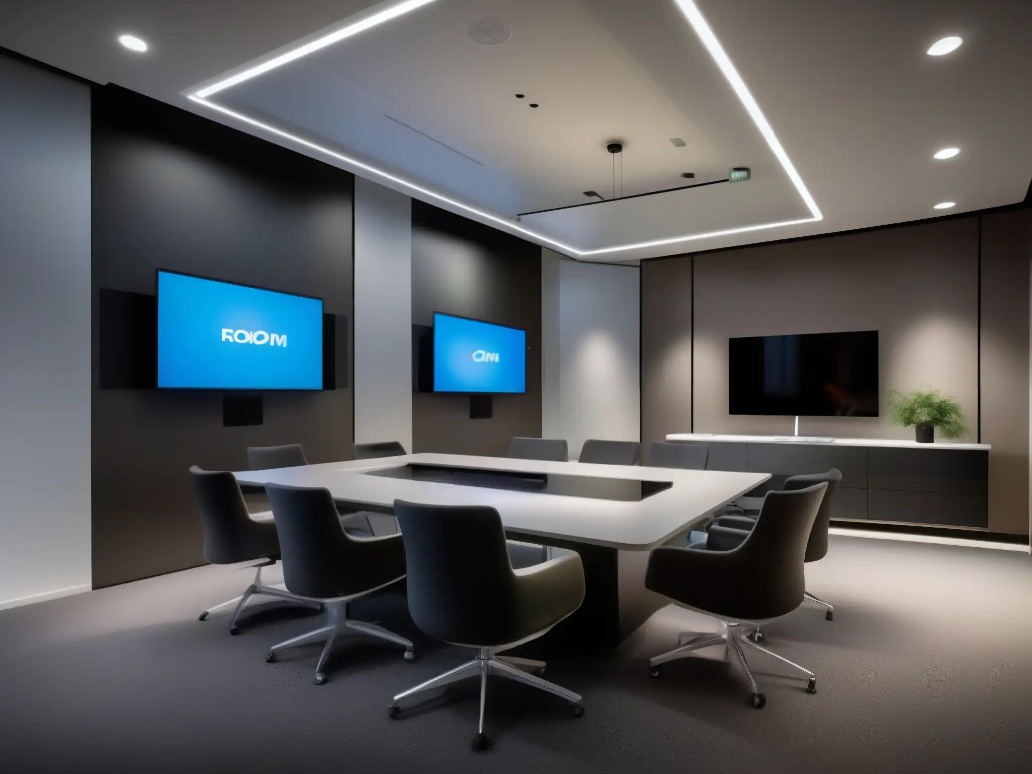 Sala de videoconferencias futurista y vibrante con tecnología de vanguardia Una sala de videoconferencias futurista con tecnología de vanguardia y ambiente profesional, optimización de videoconferencias con Big Data