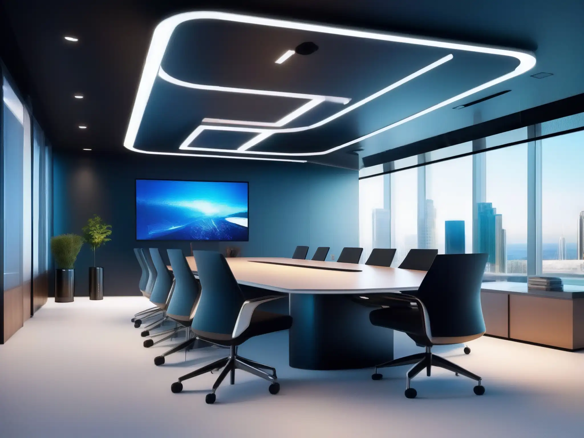 Sala de conferencias futurista: interacción global de alta definición Una sala de videoconferencias futurista con tecnología de alta resolución y participantes colaborativos de todo el mundo