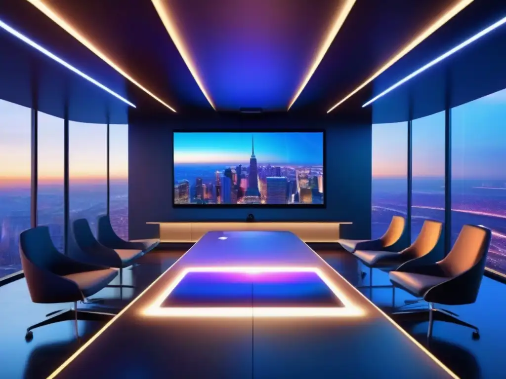 Salas de videoconferencia futuristas: colaboración global en 8k Una sala de videoconferencias futurista en 8k con tecnología avanzada y ambiente profesional para mejorar calidad servicio videoconferencias