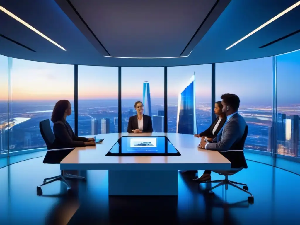 Sala de videoconferencias futurista con tecnología de vanguardia Una sala de videoconferencias futurista con tecnologías emergentes, capturando la esencia del teletrabajo colaborativo en un entorno profesional