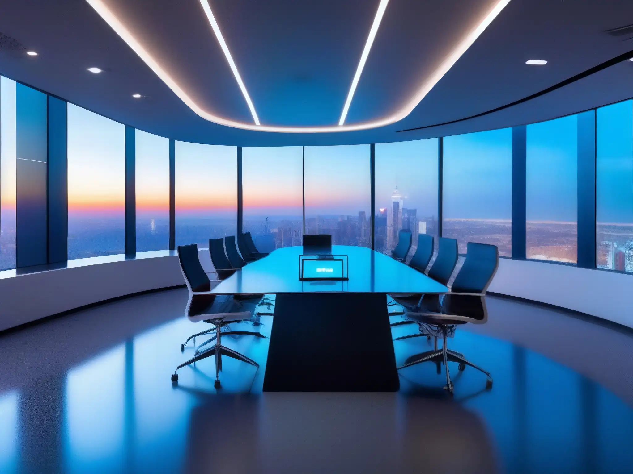 Sala de videoconferencias futurista con tecnología AI Una sala de videoconferencias futurista e ultramoderna con impresionante tecnología de IA