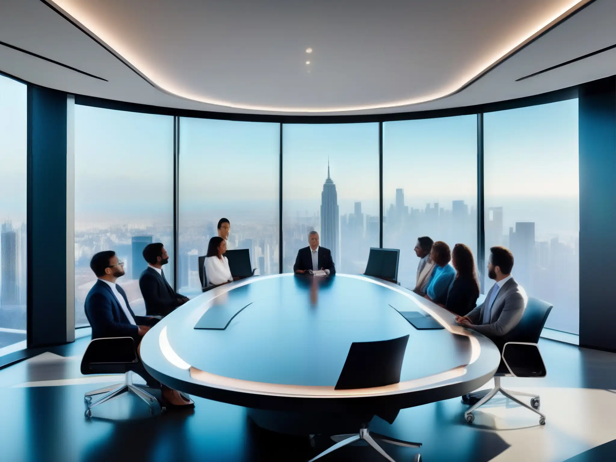 Videoconferencia futurista de alta tecnología Una sala de videoconferencias futurista y ultramoderna con diseño minimalista