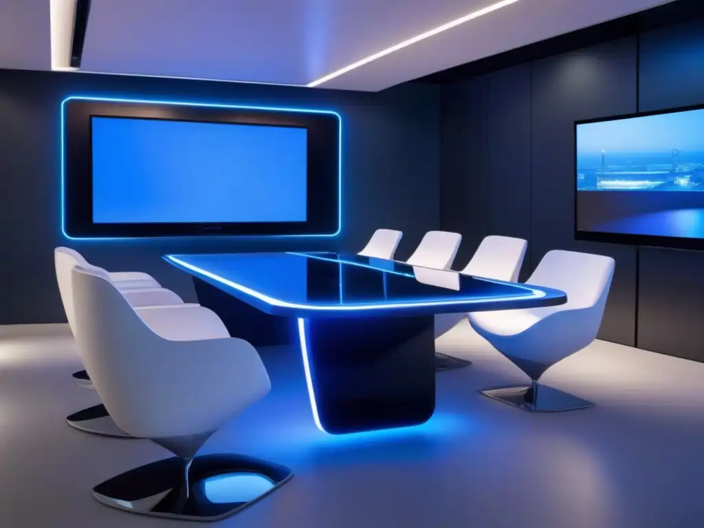 Setup de videoconferencia futurista y ultramoderno Una sala de videoconferencias futurista y ultramoderna con iluminación LED azul