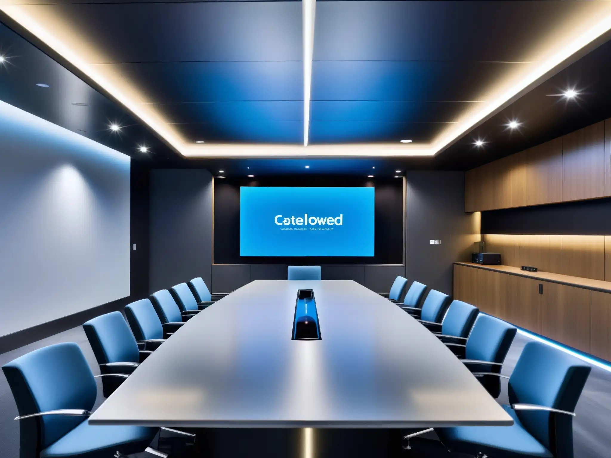 Sala de videoconferencias futurista con IA para reuniones productivas Una sala de videoconferencias moderna con diseño futurista y tecnología de inteligencia artificial, ideal para reuniones productivas