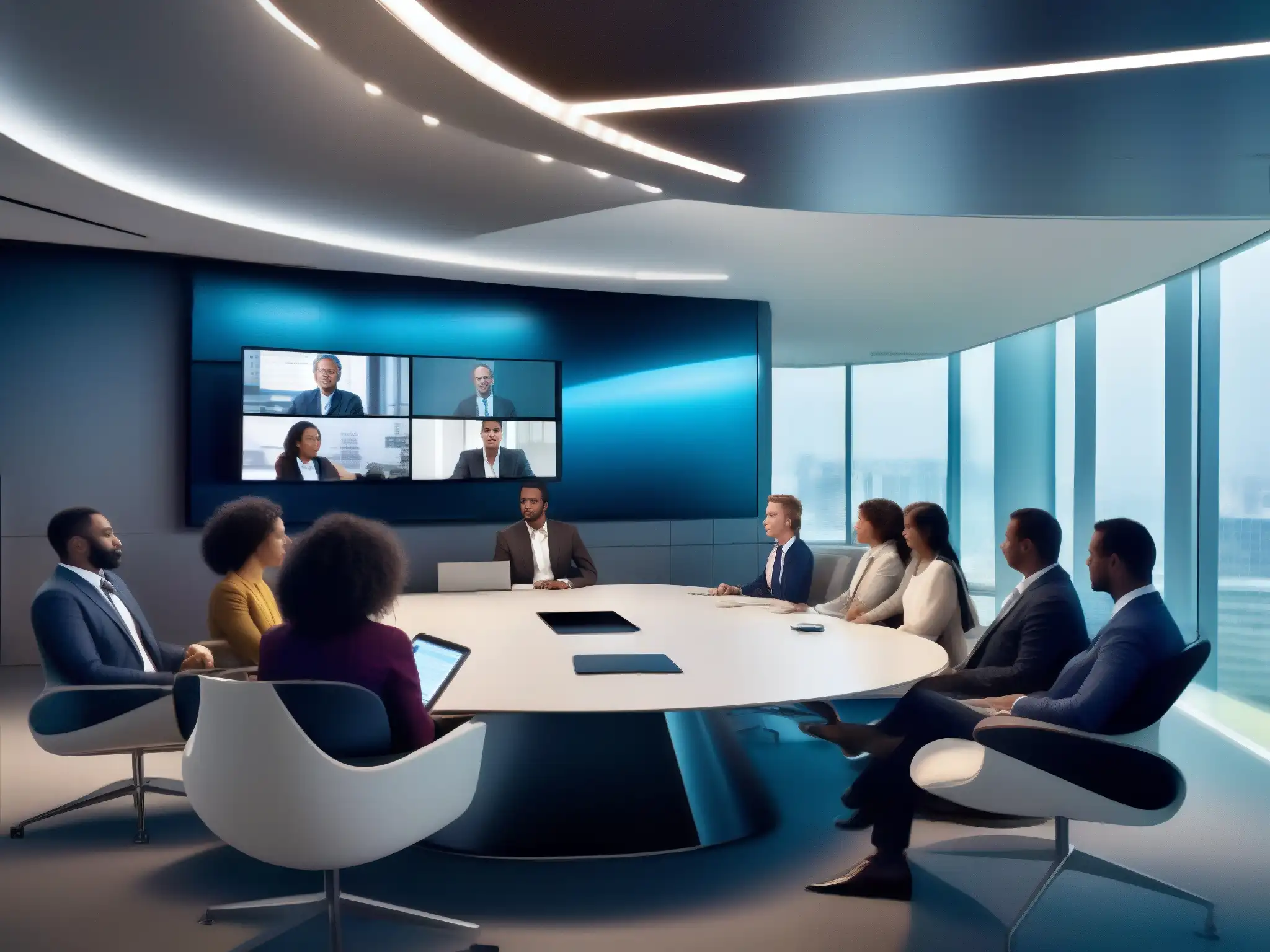 Sala de Videoconferencia Profesional: Colaboración Innovadora Una sala de videoconferencias moderna y eficiente, con participantes profesionales discutiendo animadamente