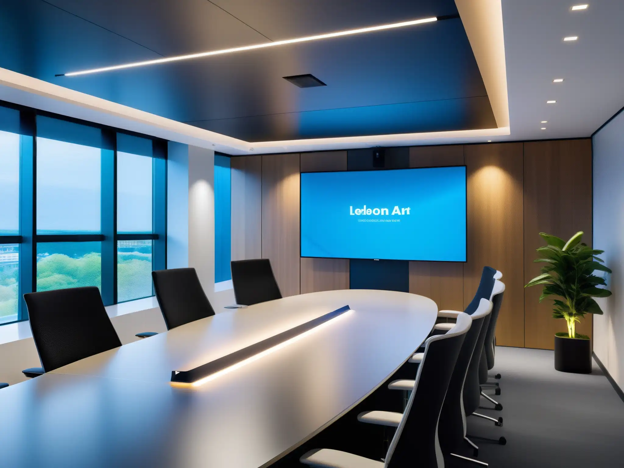 Sala de videoconferencias ecoamigable y moderna Una sala de videoconferencias moderna y eficiente energéticamente, con iluminación LED y diseño minimalista