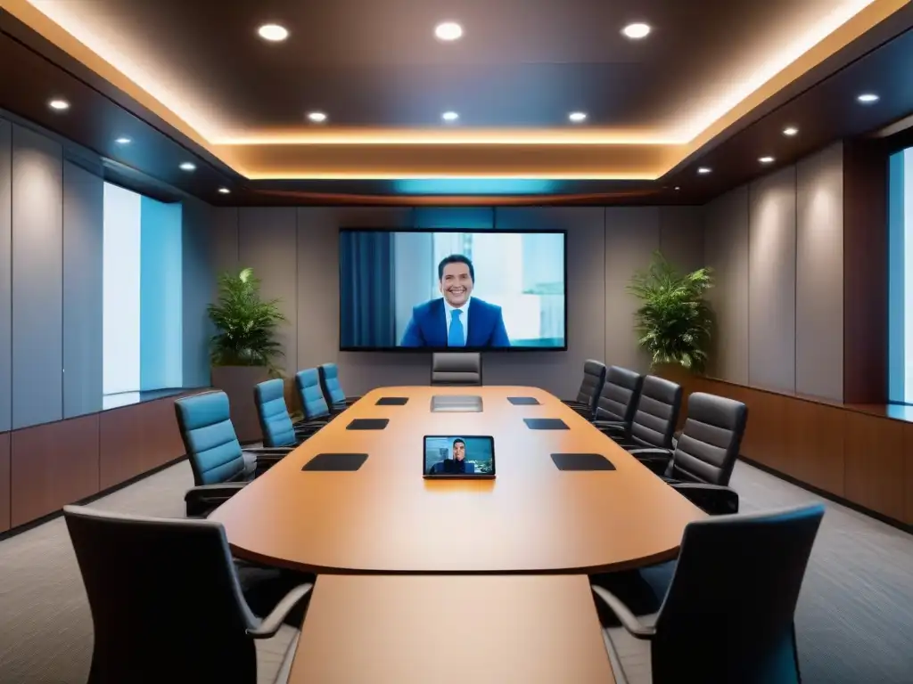 Sala de videoconferencias profesional con iluminación estratégica Una sala de videoconferencias moderna y elegante con las mejores prácticas de visibilidad para una experiencia óptima