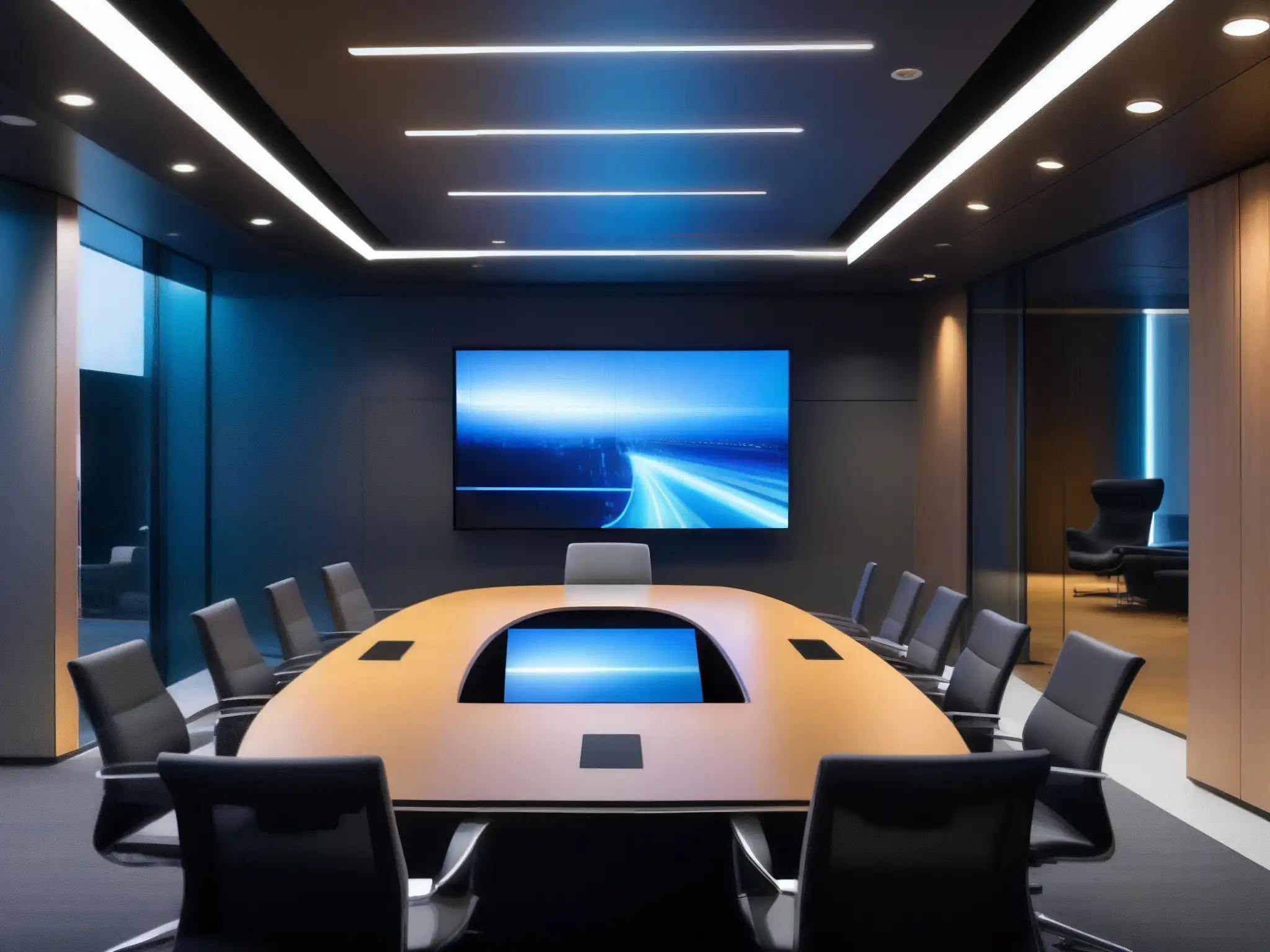 Sala de videoconferencias futurista y minimalista con tecnología de vanguardia Una sala de videoconferencias moderna y elegante con tecnología de vanguardia, iluminación ambiental suave y pantallas de alta definición