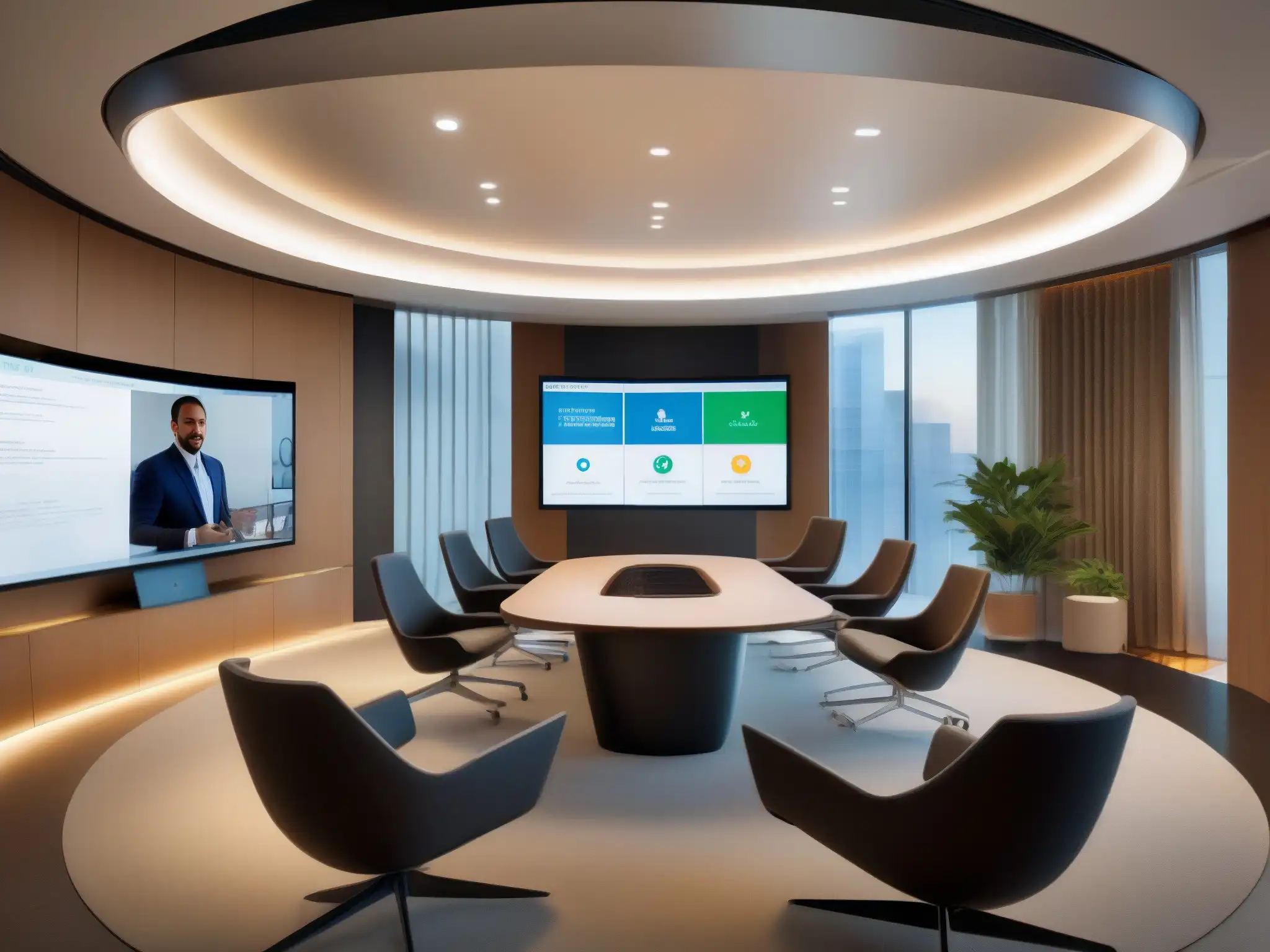 Sala de videoconferencias moderna y eficiente con pantalla curva de alta resolución Una sala de videoconferencias moderna y elegante con una pantalla curva de alta resolución mostrando una llamada detallada