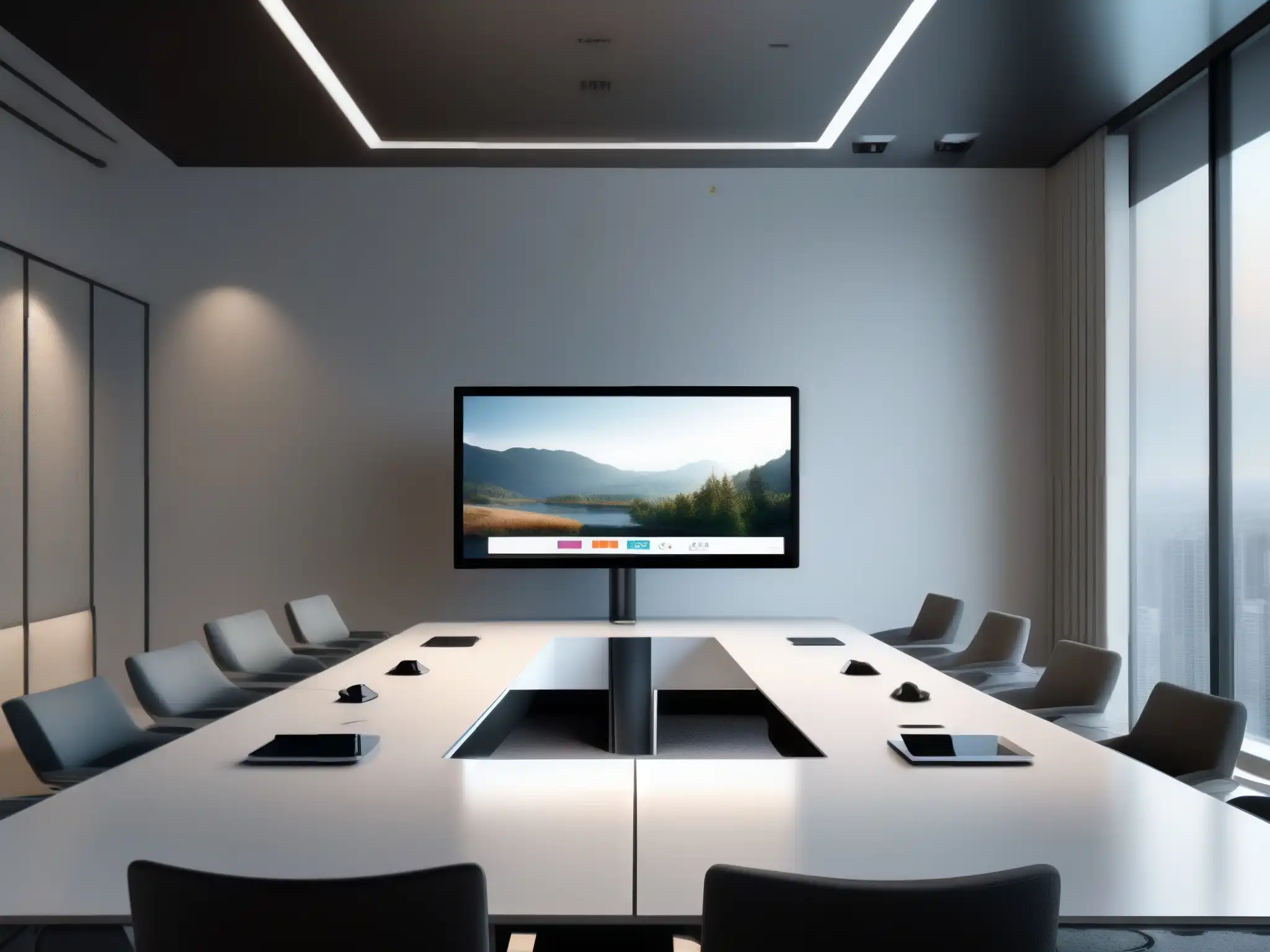 Setup de videoconferencia seguro y moderno Una sala de videoconferencias moderna y elegante con tecnología de vanguardia