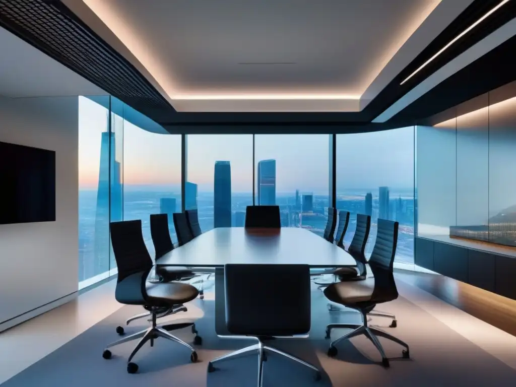 Sala de videoconferencias de alta tecnología con vista panorámica Una sala de videoconferencias moderna y elegante con tecnología de vanguardia y una vista panorámica de la ciudad