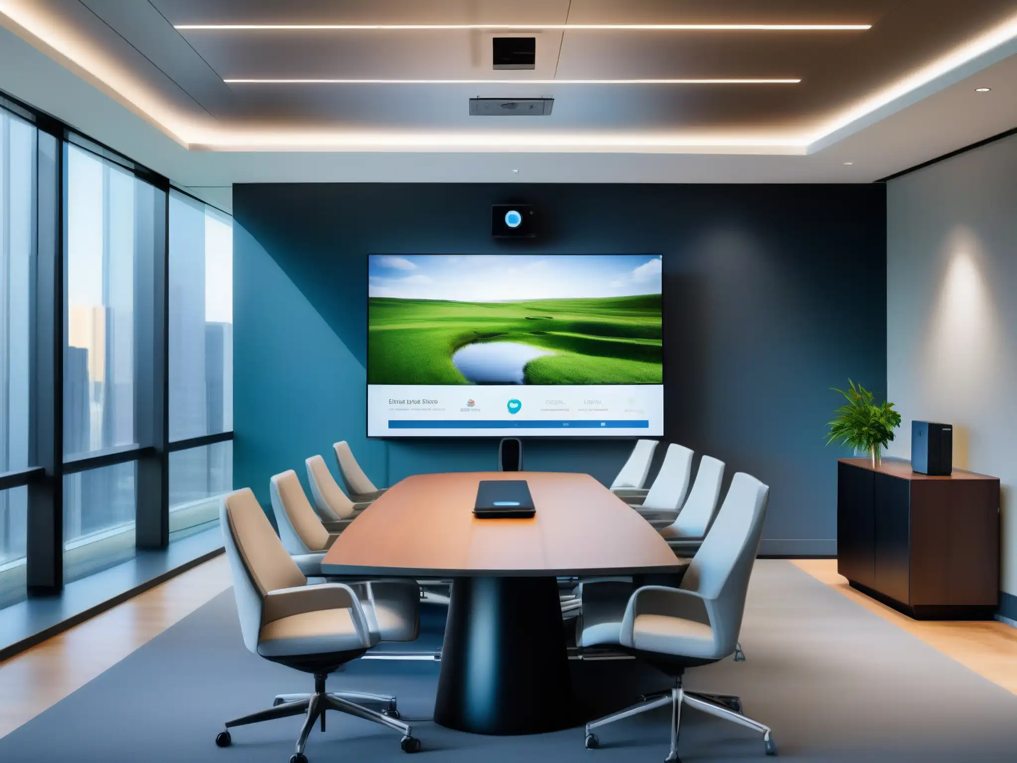 Sala de videoconferencias de alta tecnología Una sala de videoconferencias moderna y elegante con tecnología de vanguardia, bañada en luz natural