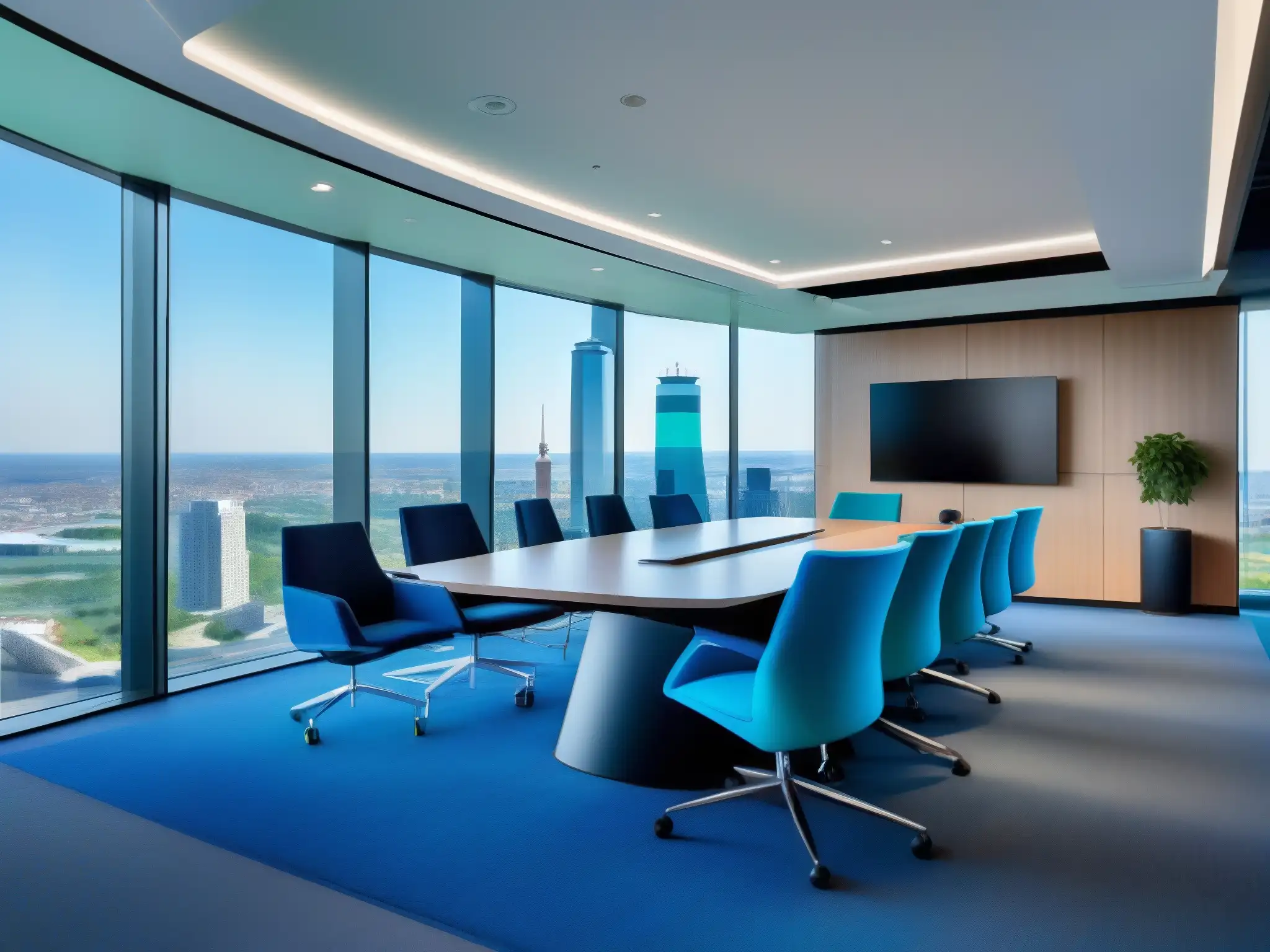 Sala de videoconferencias moderna con vista panorámica Una sala de videoconferencias moderna y elegante con vista a la ciudad