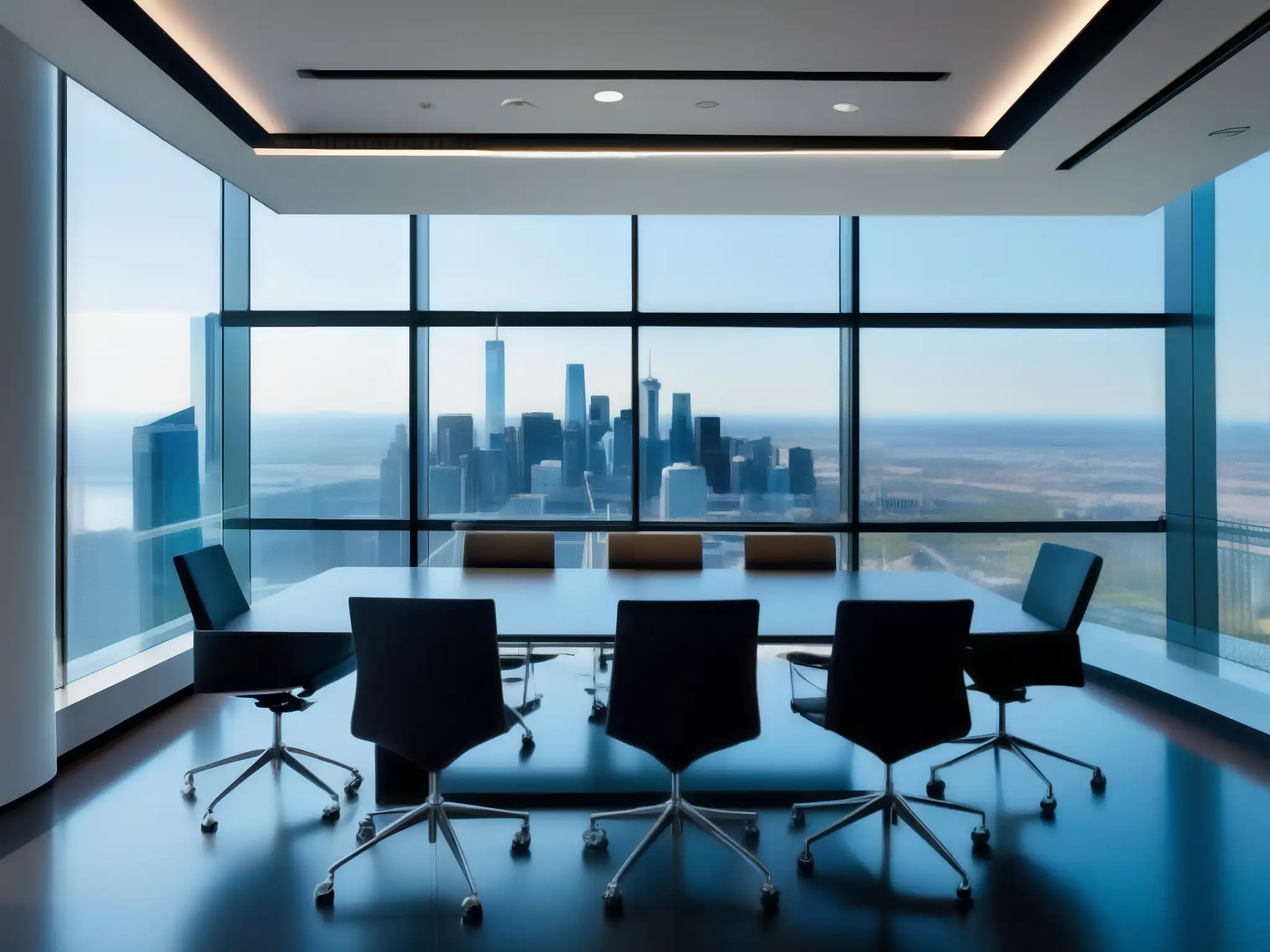 Sala de videoconferencias de vanguardia con vista a la ciudad Una sala de videoconferencias moderna y elegante con vistas a la ciudad