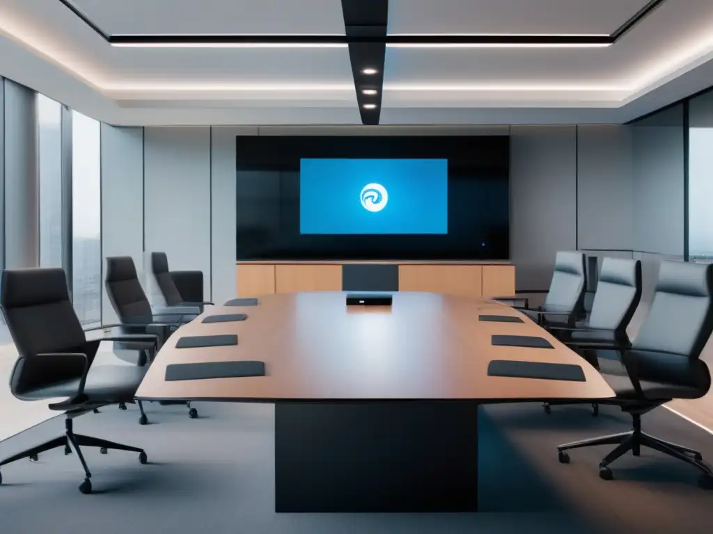 Setup de videoconferencia profesional en 8k Una sala de videoconferencias moderna y elegante en un entorno corporativo, exudando seguridad en videoconferencia para empresas
