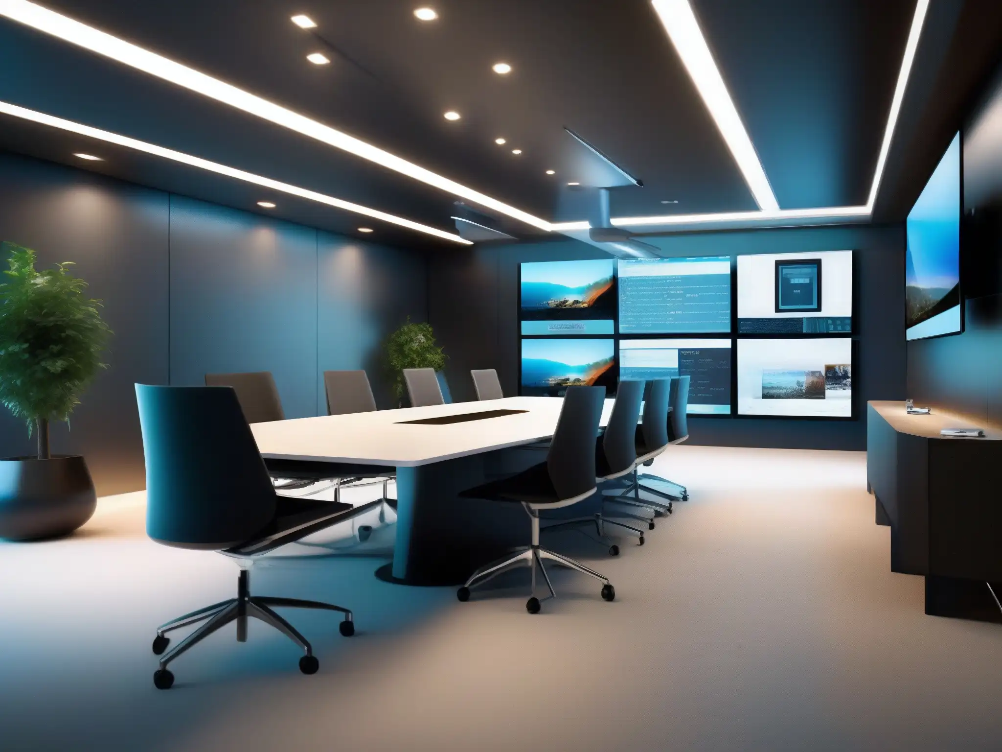 Sala de videoconferencias de alta tecnología Una sala de videoconferencias moderna y elegante con múltiples pantallas, un diseño minimalista y un alto nivel tecnológico