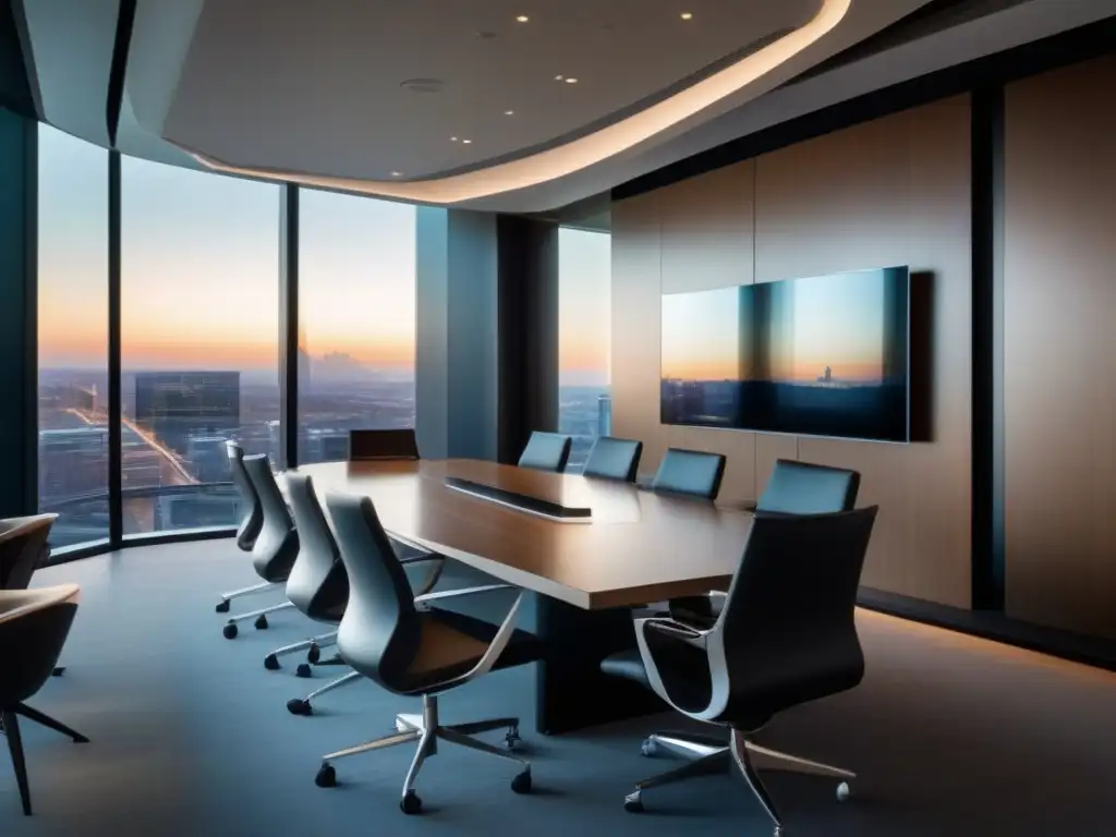 Sala de videoconferencias moderna con vistas urbanas Una sala de videoconferencias moderna y elegante con tecnología de vanguardia y vistas urbanas