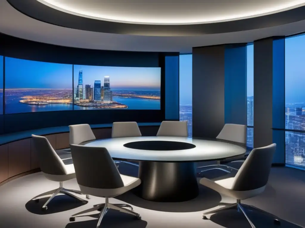 Espacio de videoconferencias de vanguardia en la ciudad Una sala de videoconferencias moderna y elegante con tecnología de vanguardia y una vista impresionante de la ciudad