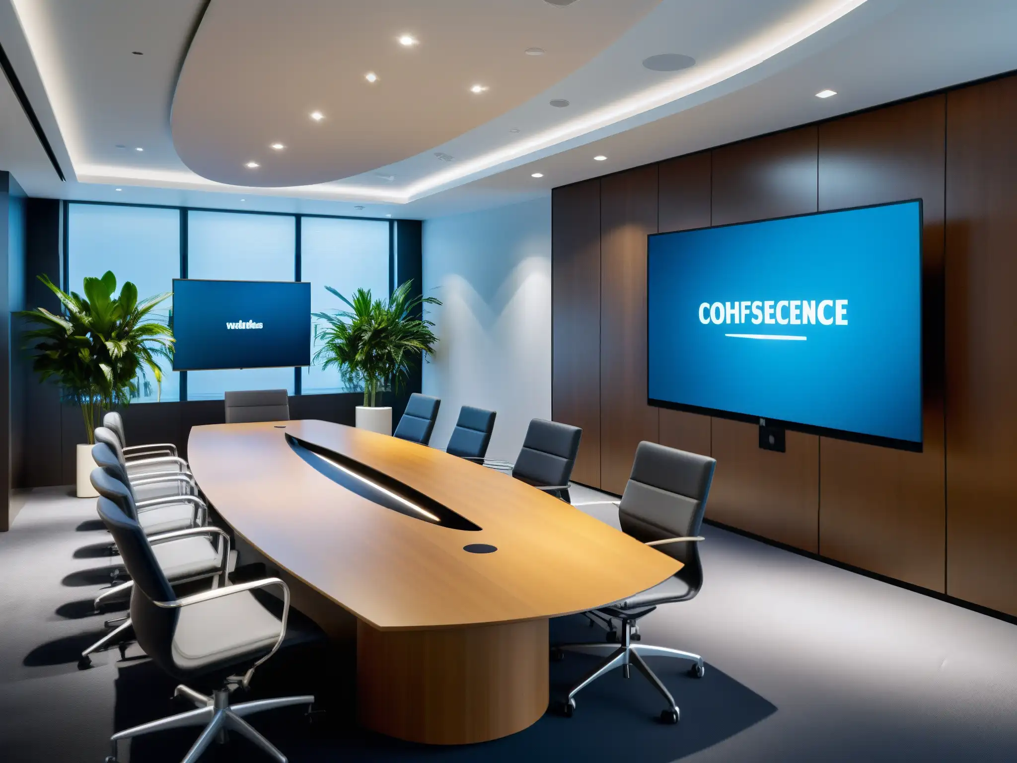 Sala de videoconferencias de lujo: profesionales en acción Una sala de videoconferencias moderna y elegante en un entorno corporativo con profesionales en una reunión productiva
