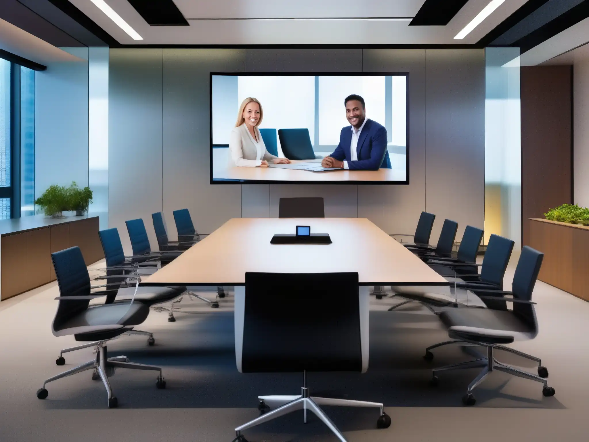 Sala de videoconferencias de alta eficiencia Una sala de videoconferencias moderna en un entorno corporativo, con múltiples pantallas grandes mostrando feeds de video claros