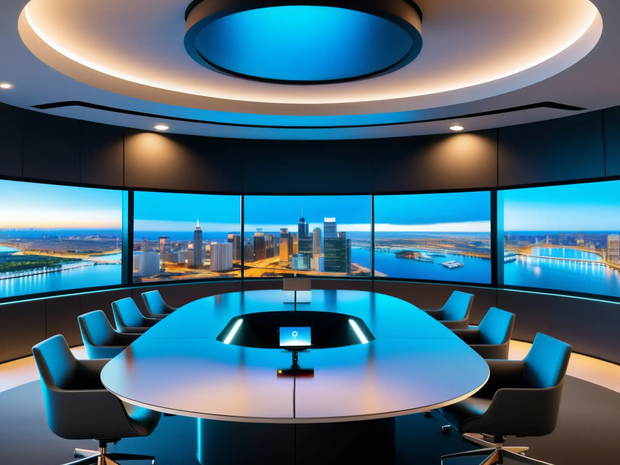 Moderno setup de videoconferencia en 8k con vista panorámica urbana Una sala de videoconferencias moderna y futurista con vista a la ciudad