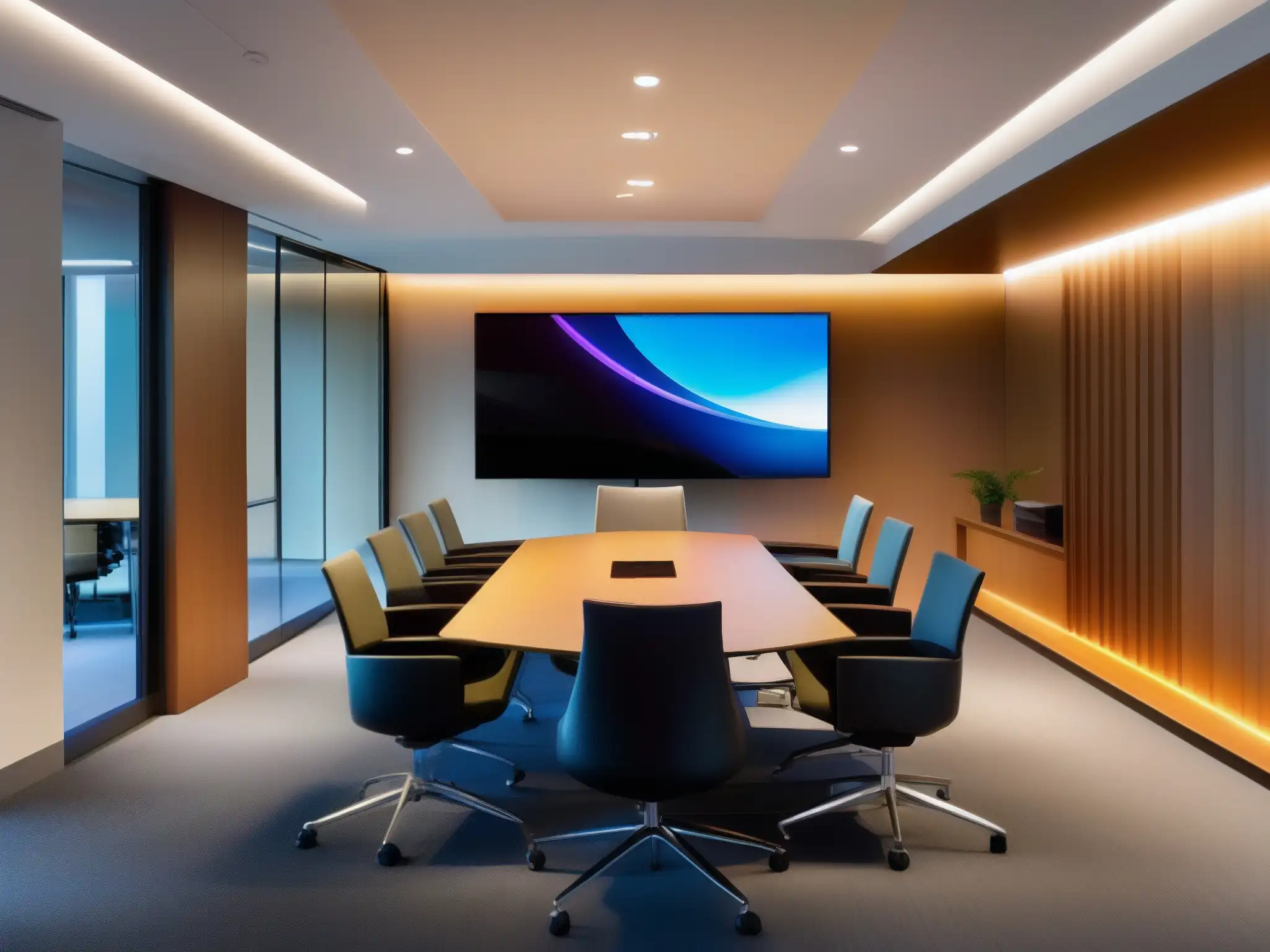 Sala de videoconferencias moderna y elegante con integración eficiente Una sala de videoconferencias moderna con integraciones efectivas para videoconferencia y gestión documental en un entorno contemporáneo y profesional
