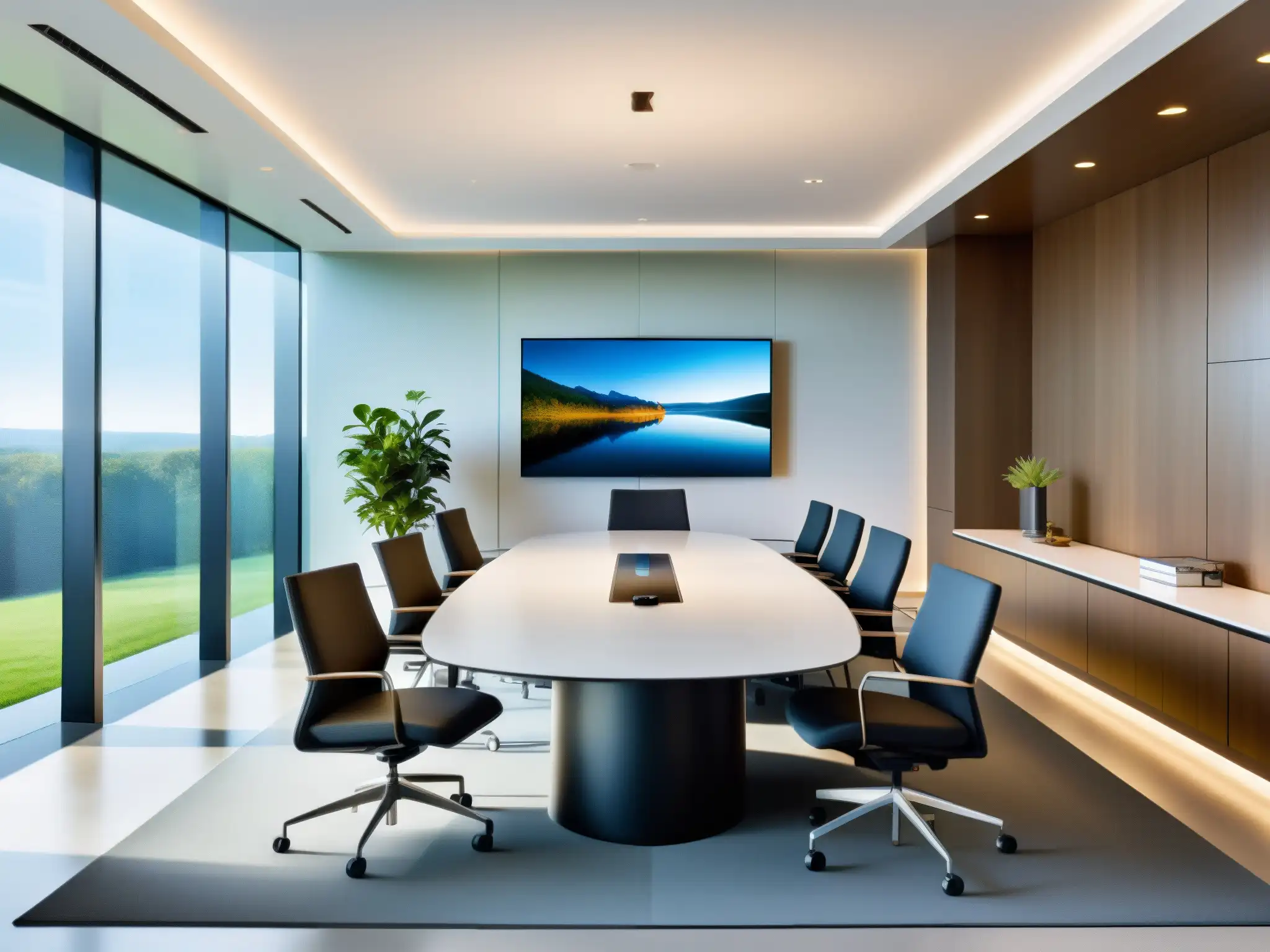Sala de videoconferencias moderna y eficiente con tecnología de vanguardia y ambiente acogedor Una sala de videoconferencias moderna y luminosa con equipo profesional y un equipo colaborando eficientemente