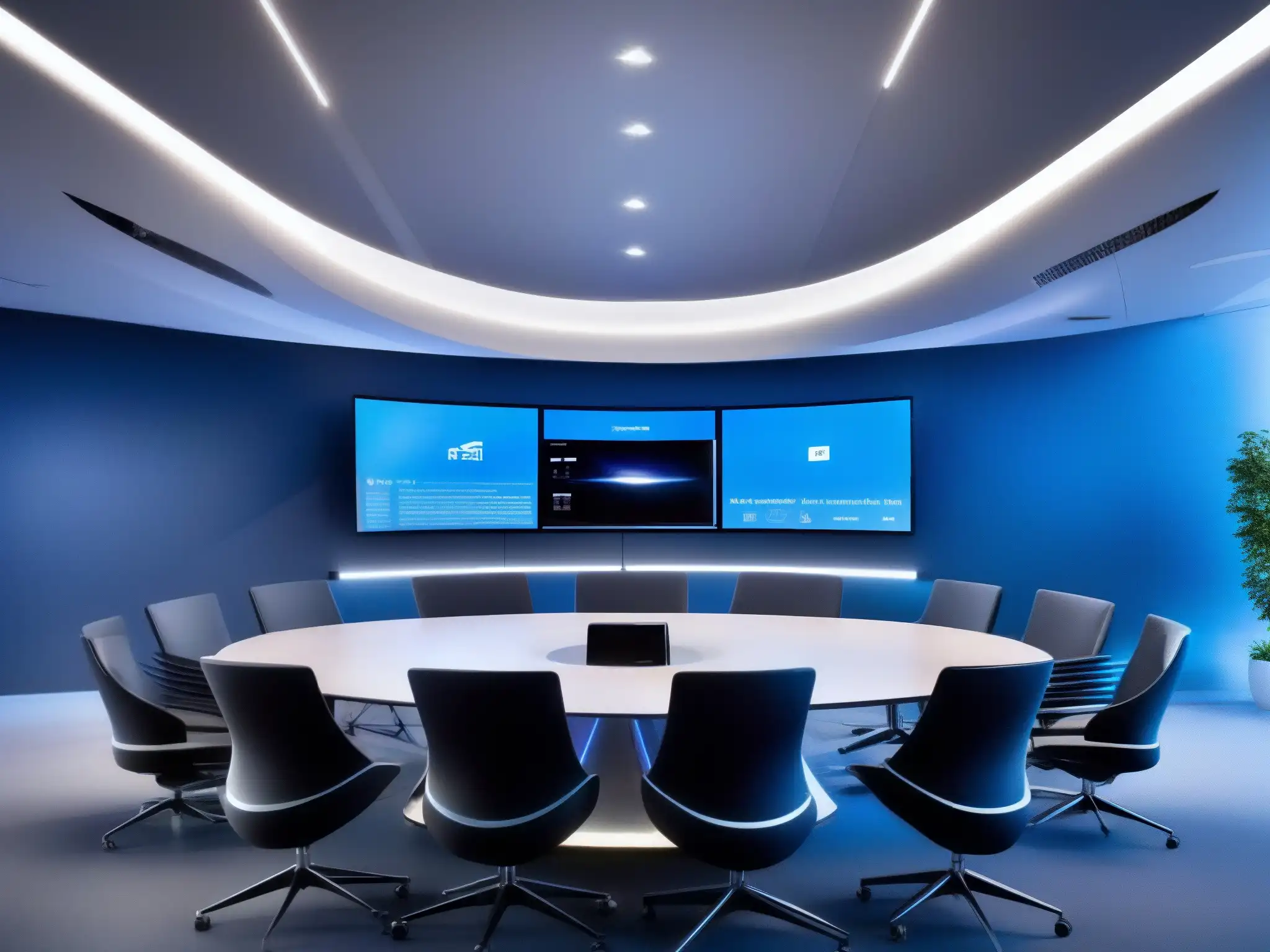 Sala de videoconferencias de alta tecnología 'Una sala de videoconferencias moderna y minimalista con la plataforma GlobalMeet Collaboration para videoconferencias, pantalla curva de alta resolución y tono azul LED futurista