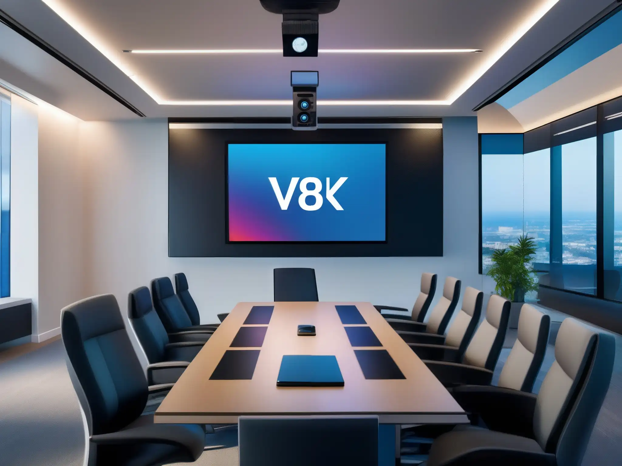 Configuración profesional de videoconferencia 8k Una sala de videoconferencias moderna y profesional, con un equilibrio perfecto entre seguridad y usabilidad