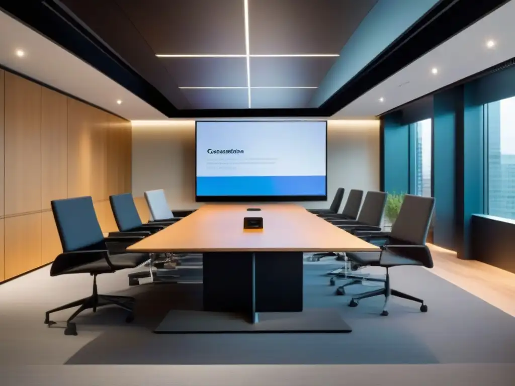 Sala de videoconferencias moderna y productiva con tecnología de vanguardia Una sala de videoconferencias moderna y profesional, llena de luz natural y equipada con tecnología de vanguardia