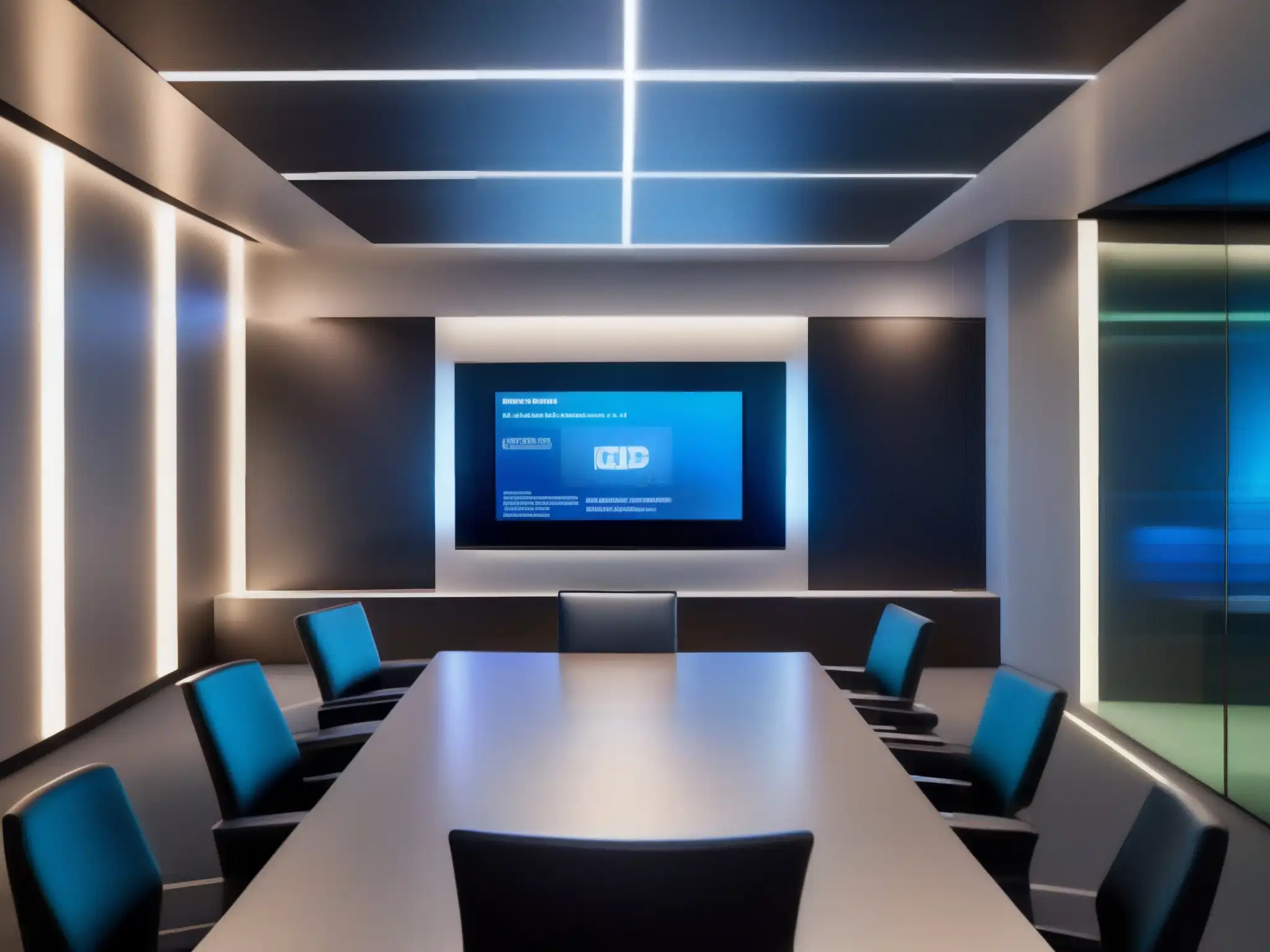 Google Meet: Sala de Videoconferencias Segura y Futurista Una sala de videoconferencias moderna y segura con tecnología de vanguardia, iluminación suave y diseño futurista