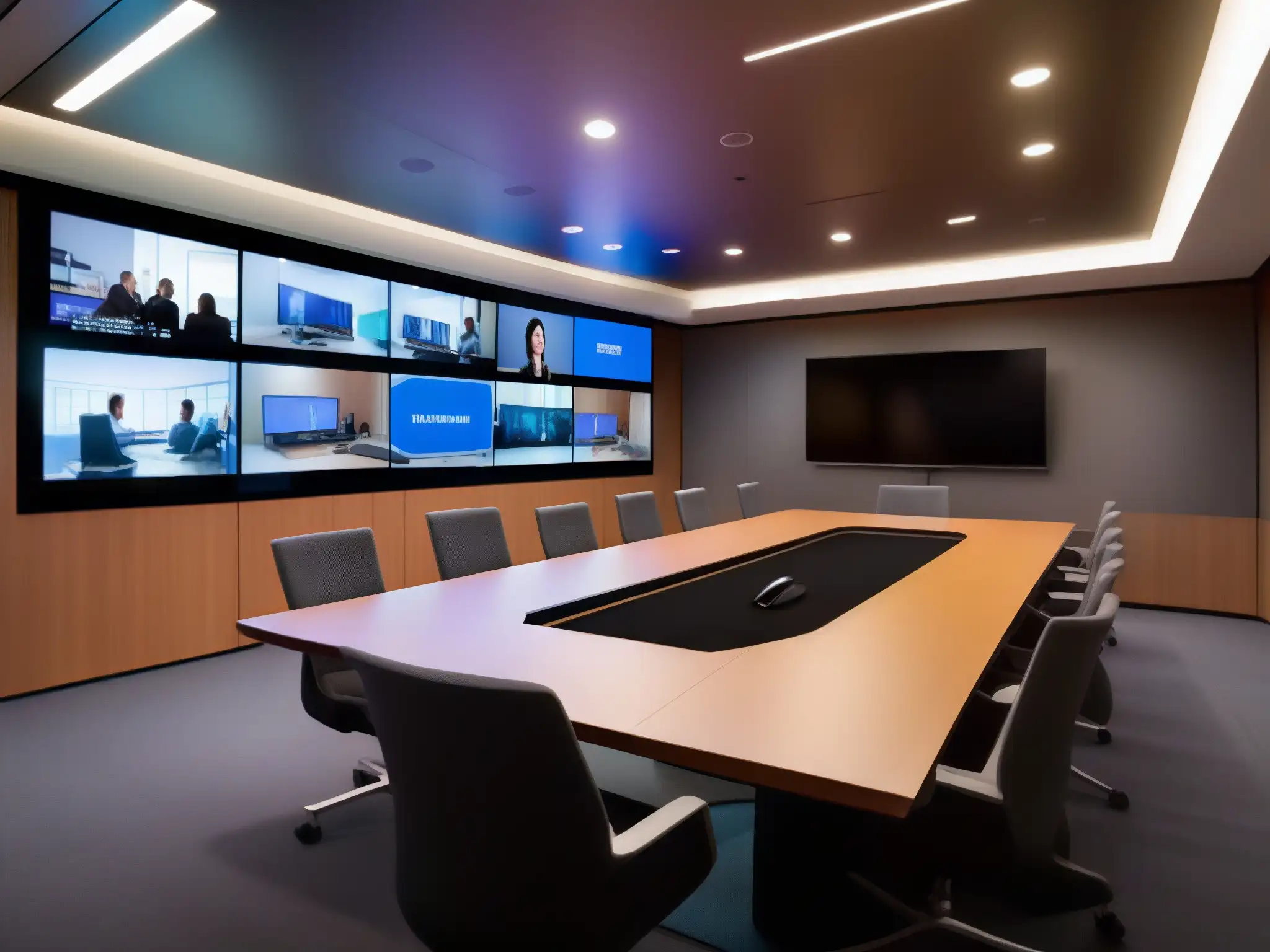 Sala de videoconferencias seguras: tecnología y profesionalismo Una sala de videoconferencias moderna y segura con diseño futurista, iluminación ambiental y equipos de vanguardia