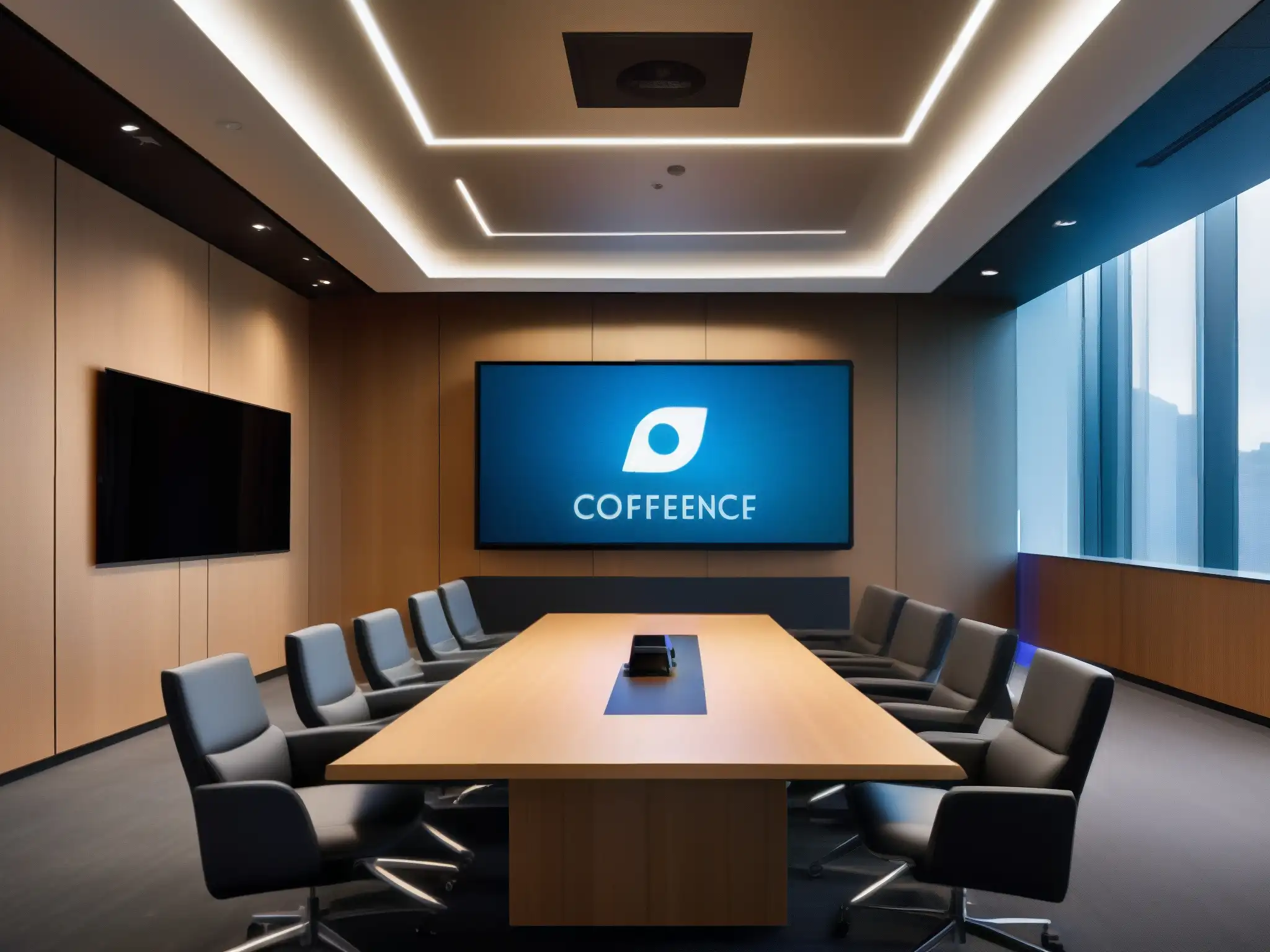 Sala de videoconferencias de última generación con tecnología de vanguardia Una sala de videoconferencias moderna y sofisticada con herramientas de videoconferencia para empresas, bañada en suave luz natural