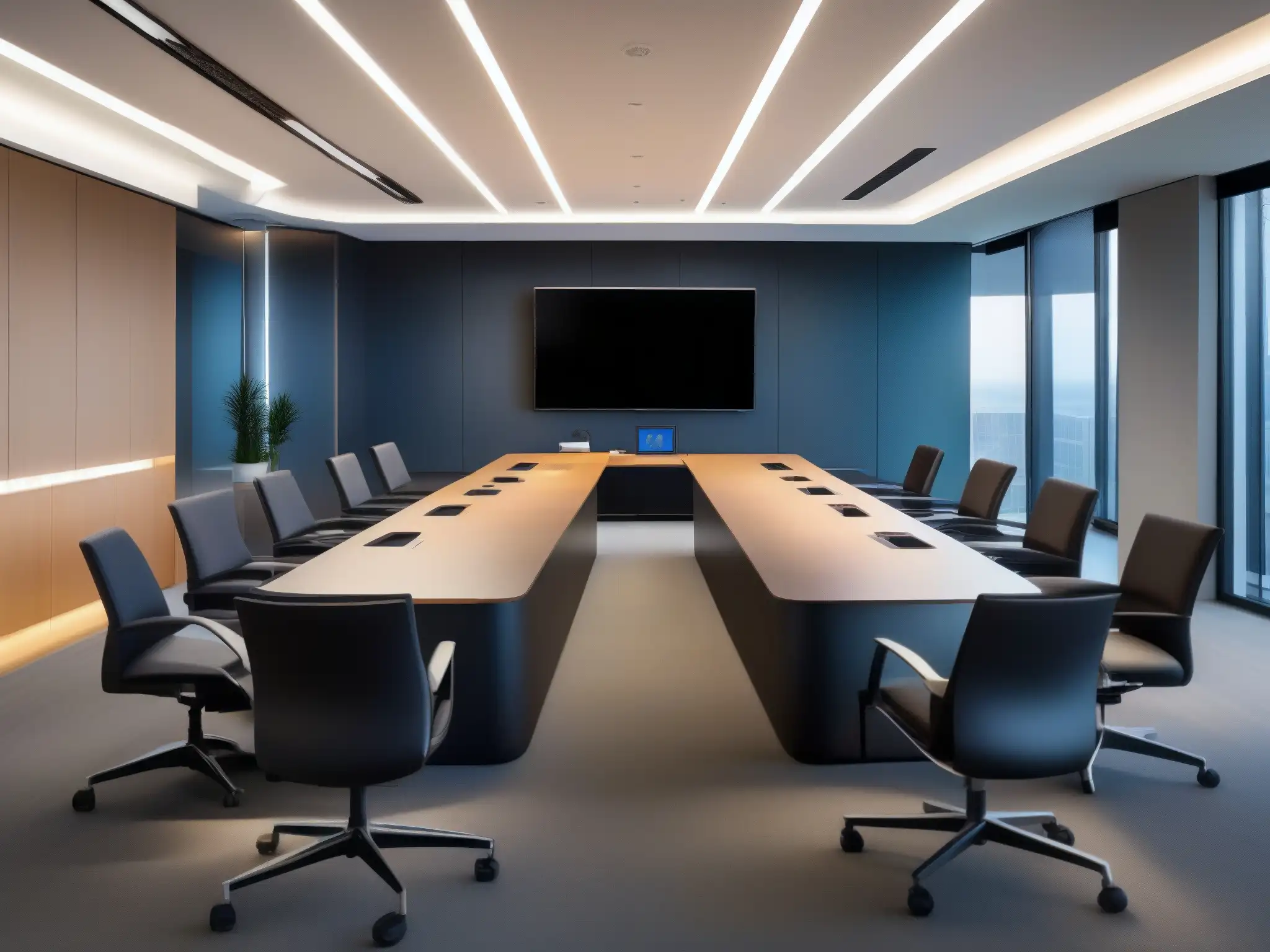 Sala de videoconferencias moderna y sofisticada con diseño minimalista Una sala de videoconferencias moderna y sofisticada con las mejores herramientas para empresas, bañada en luz natural