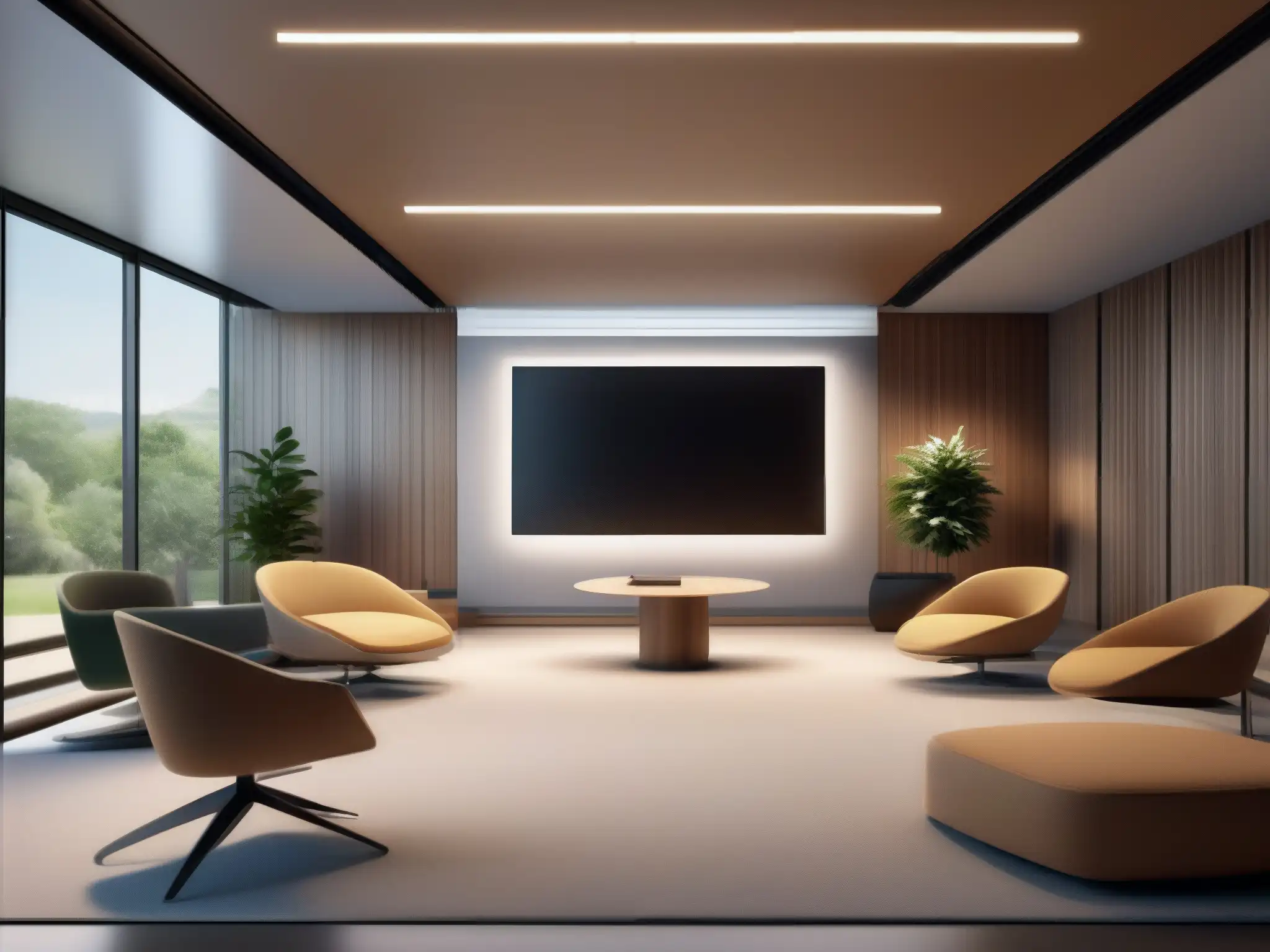Moderna sala de videoconferencias sostenible con diseño minimalista en 8k Una sala de videoconferencias moderna y sostenible con iluminación LED y dispositivos electrónicos de bajo consumo