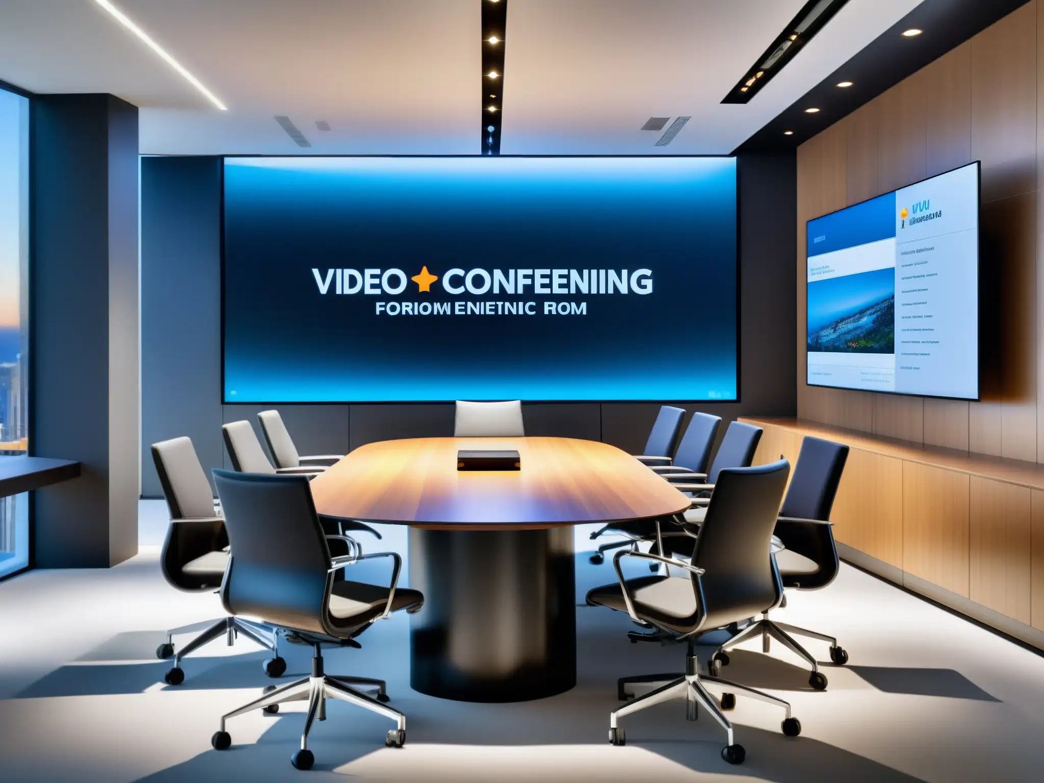 Sala de videoconferencias de vanguardia para reuniones productivas Una sala de videoconferencias profesional, moderna y elegante con equipo audiovisual de alta tecnología