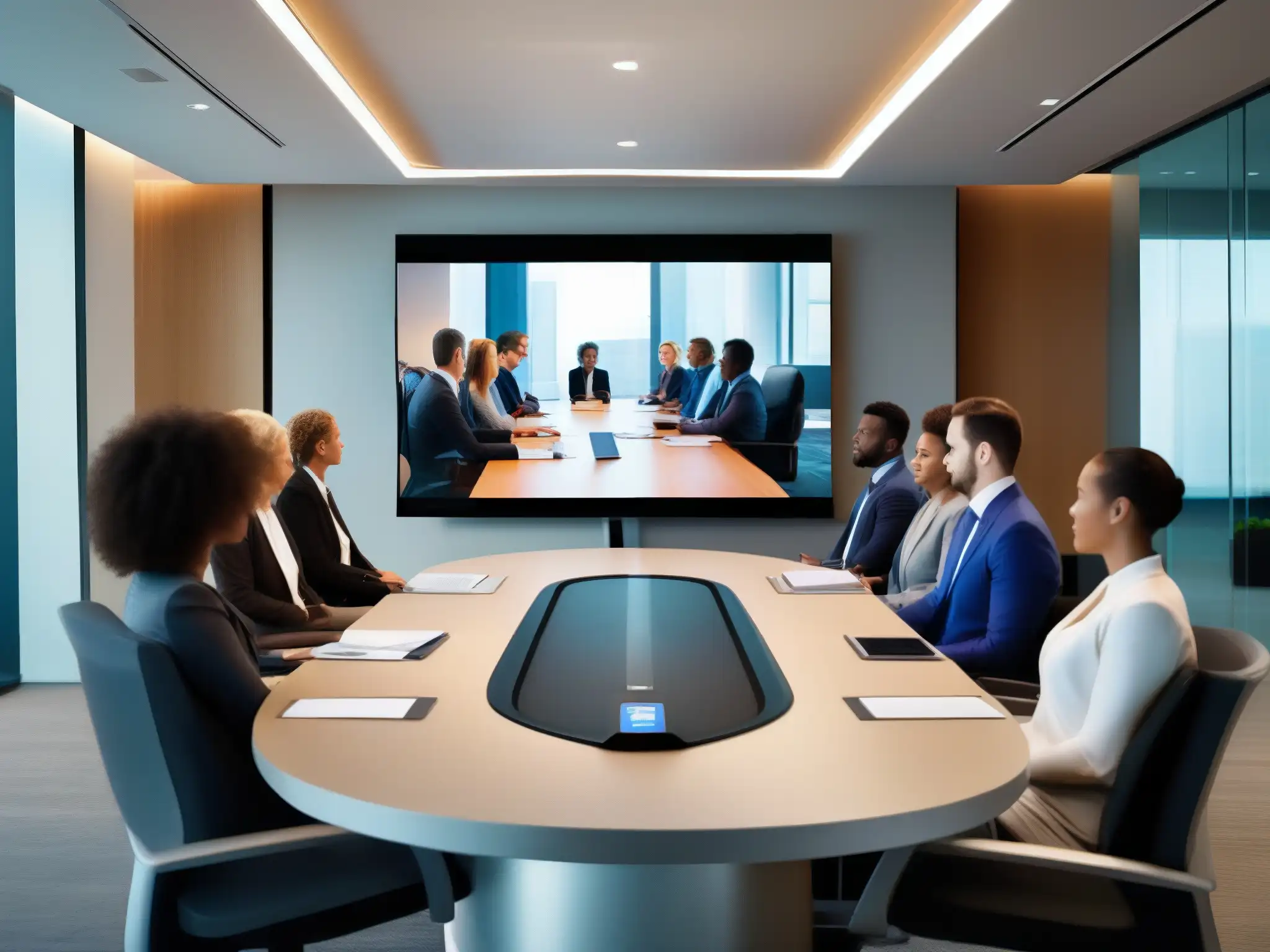 Setup de videoconferencia profesional y moderno Una sala de videoconferencias profesional con tecnología moderna y eficiencia en reuniones virtuales