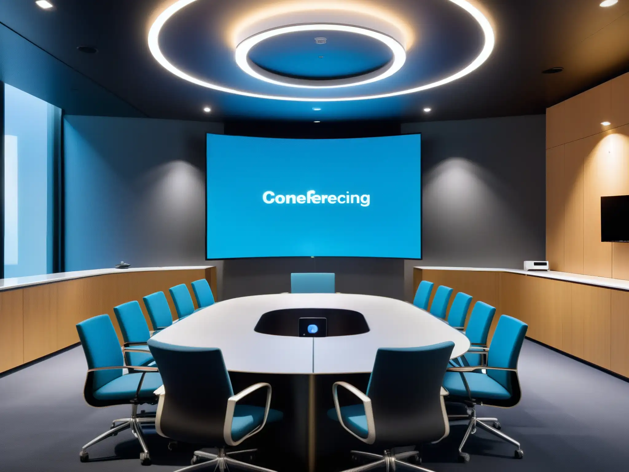 Sala de videoconferencias de vanguardia: tecnología y estilo Una sala de videoconferencias profesionales con tecnología de automatización de vanguardia