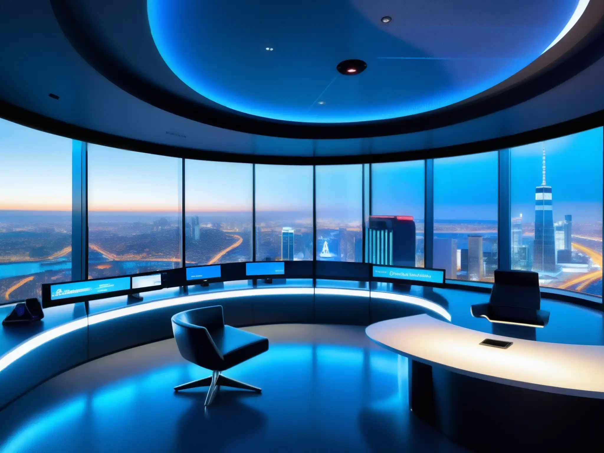 Sala de conferencias futurista con tecnología de vanguardia Una sala de videoconferencias ultramoderna con tecnología de video de alta definición y luz ambiental azul