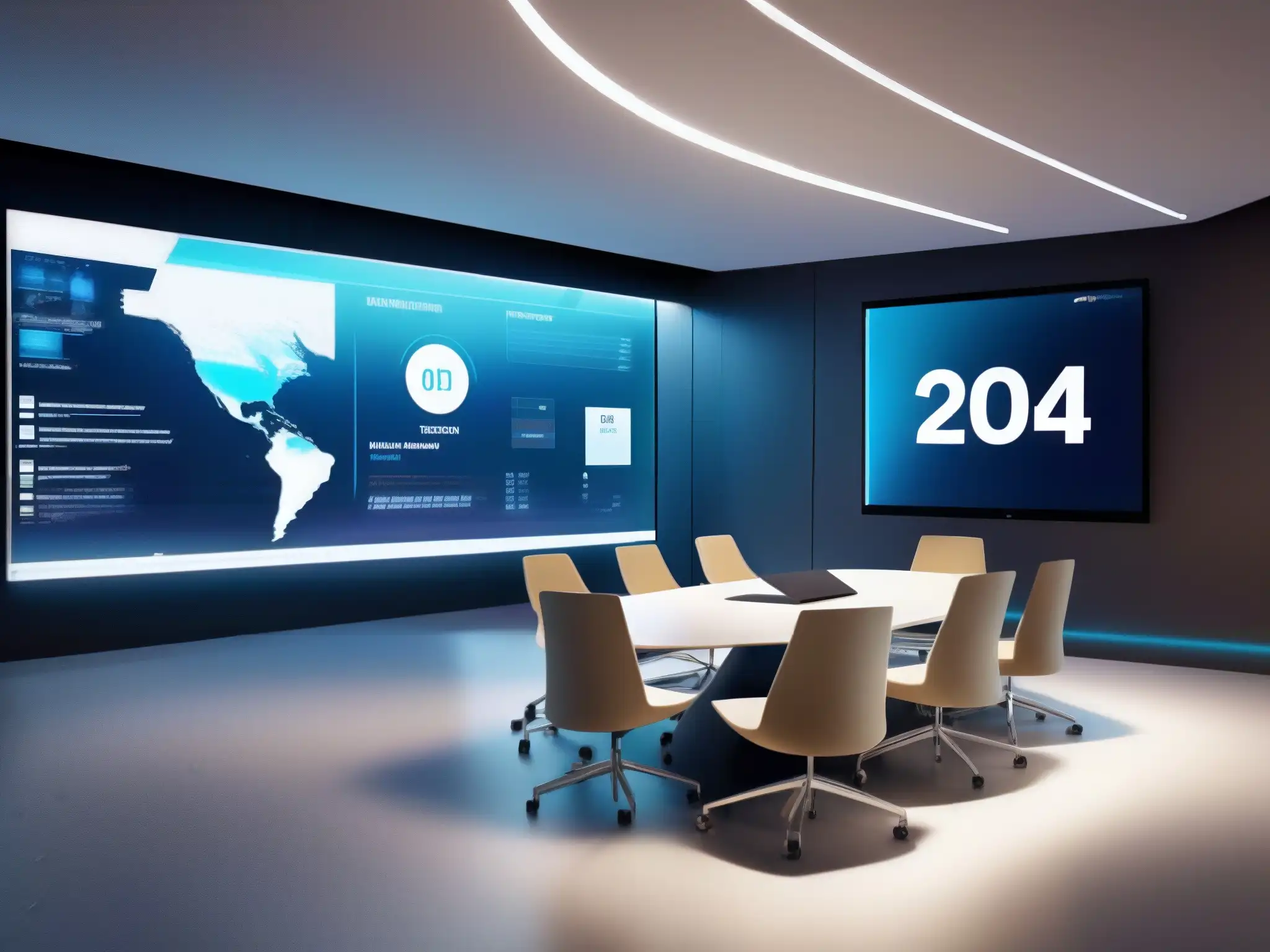 Sala de reuniones virtuales: colaboración e innovación Una sala virtual moderna y sofisticada llena de profesionales en discusiones productivas, mostrando gráficos y colaboración