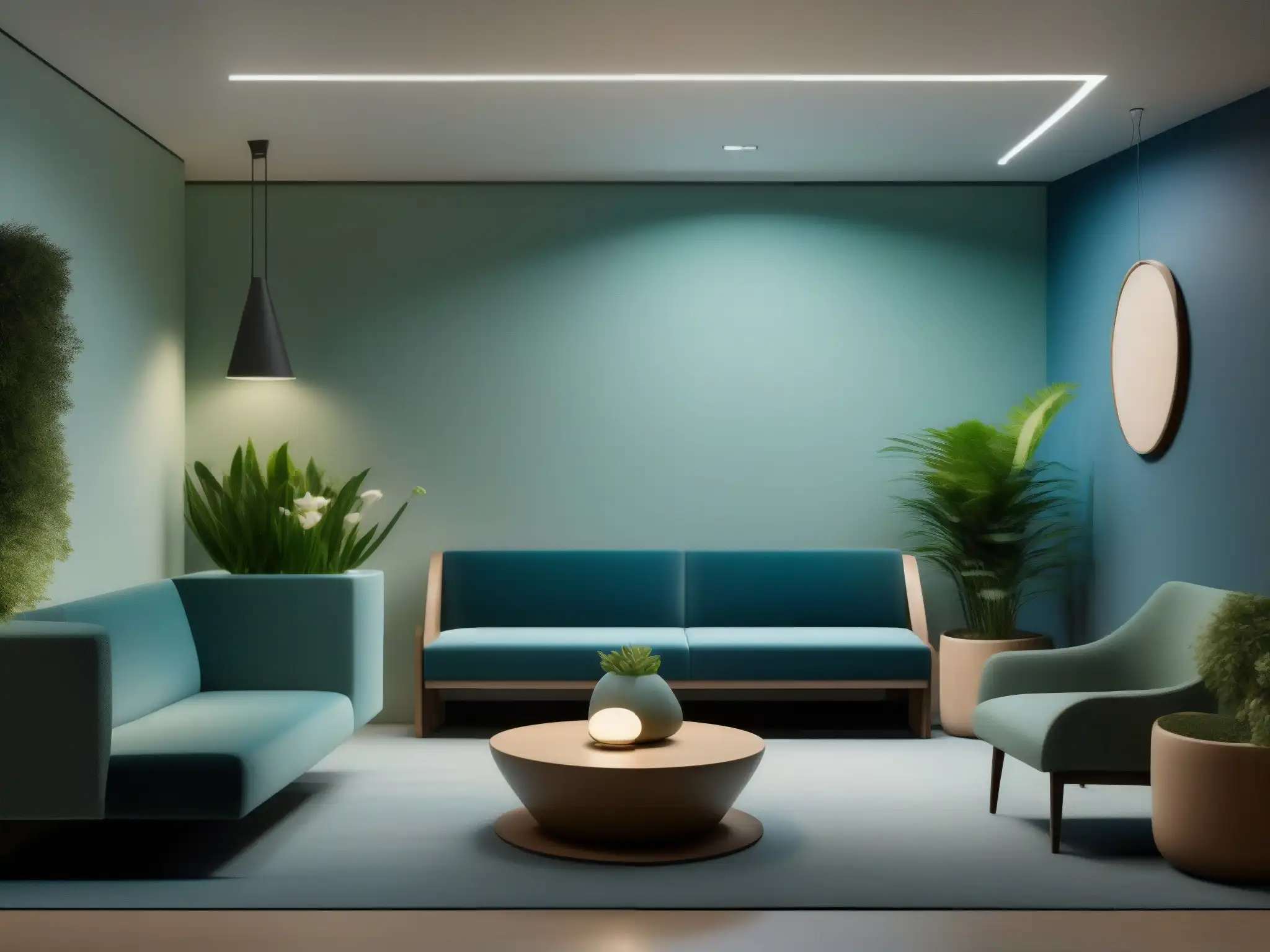 Sala de espera virtual moderna y relajante Optimización de salas de espera virtuales en un moderno espacio minimalista con iluminación suave, asientos cómodos y vistas a un jardín tranquilo