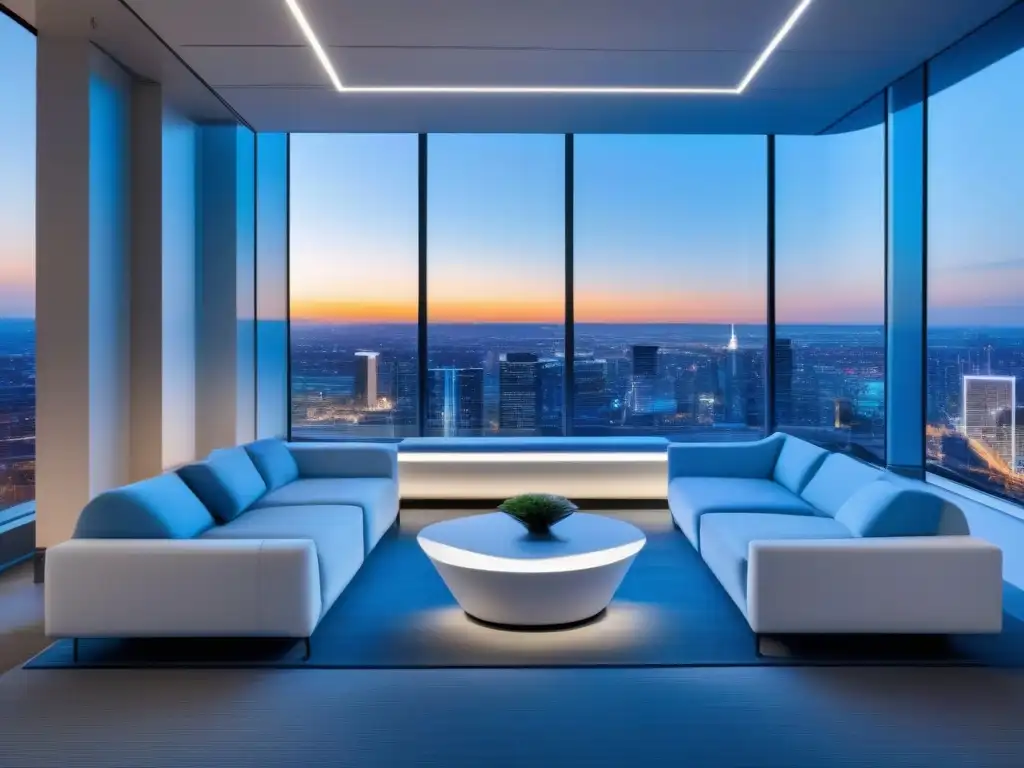 Espera virtual: privacidad y tranquilidad en ambiente high-tech Salas de espera virtuales privadas con ambiente moderno de alta tecnología, mobiliario blanco y plata, iluminación LED suave y vistas impresionantes al atardecer de la ciudad a través de grandes ventanas