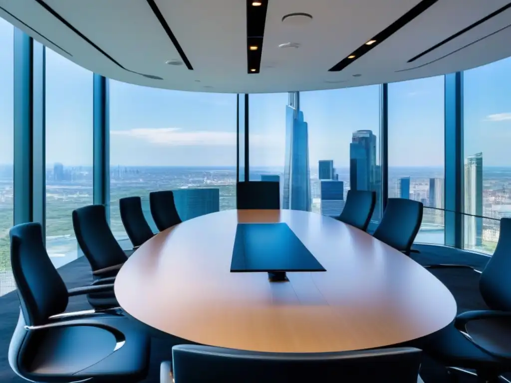 Sala de videoconferencias de última generación con vista a la ciudad Salas de videoconferencia virtuales PYMES: Sala moderna con tecnología de vanguardia y vistas a la ciudad