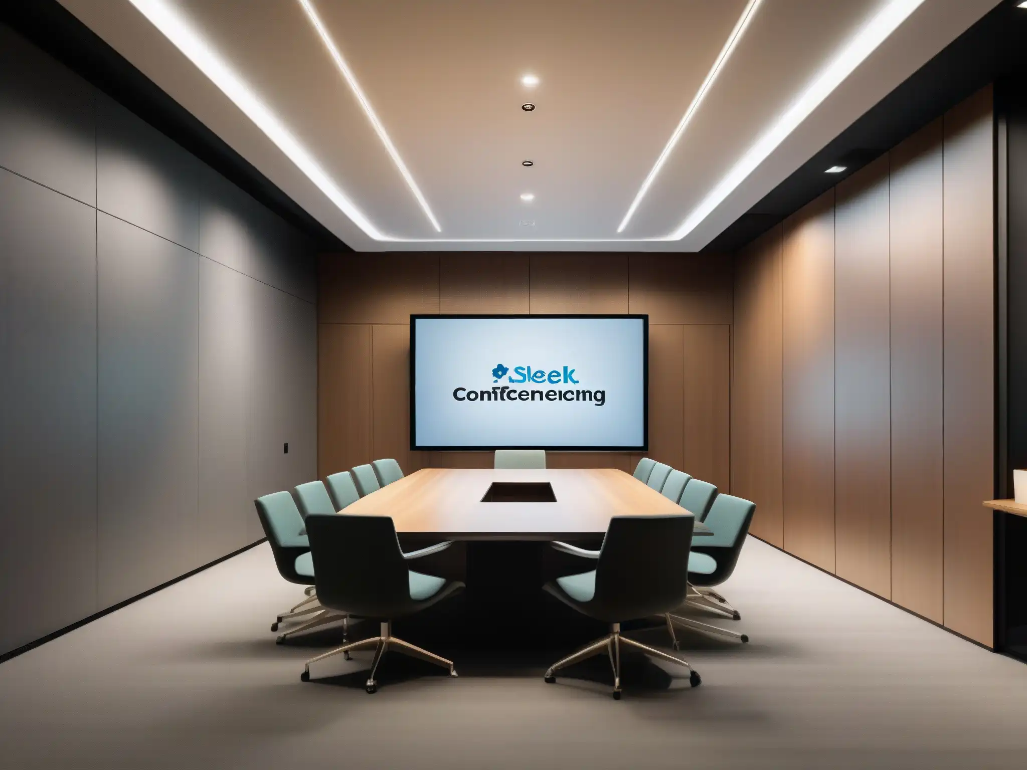 Sala de videoconferencias virtual moderna y elegante Salas de videoconferencia virtuales PYMES: Espacio moderno y minimalista con tecnología de vanguardia, luz natural y ambiente profesional
