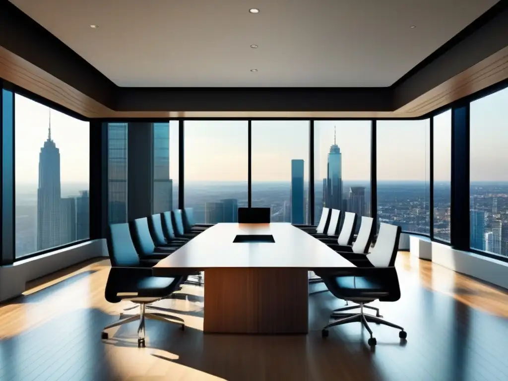 Sala de conferencias moderna con vista panorámica y equipamiento de alta tecnología Salas de videoconferencia virtuales PYMES: Espaciosa sala con ventanales y moderno equipamiento para reuniones virtuales productivas