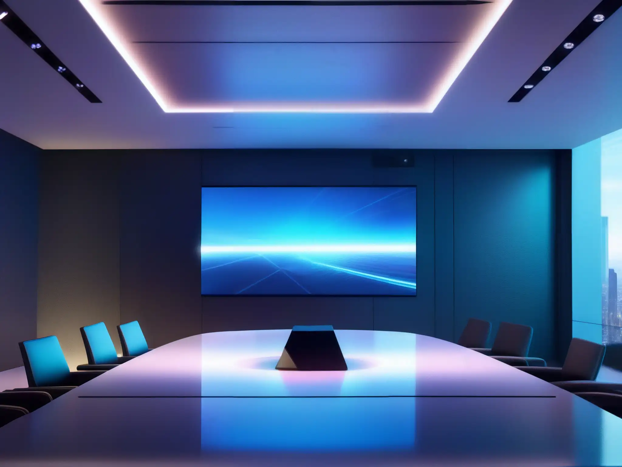 Sala de videoconferencias virtual futurista para reuniones productivas Salas de videoconferencia virtuales PYMES: Espacio moderno y futurista con tecnología de vanguardia para reuniones profesionales y colaborativas