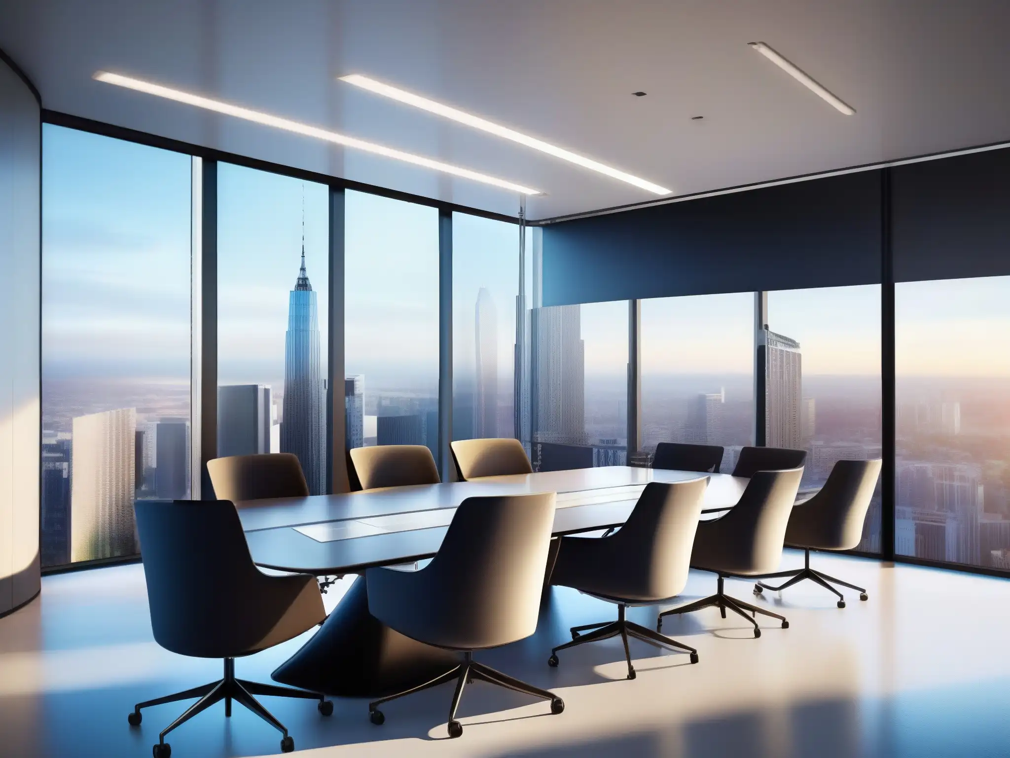 Sala de reuniones virtuales moderna y elegante con vista panorámica Salas virtuales para mejorar productividad: una moderna sala de reuniones virtual con pantallas digitales, una mesa de conferencia elegante y una vista panorámica de la ciudad