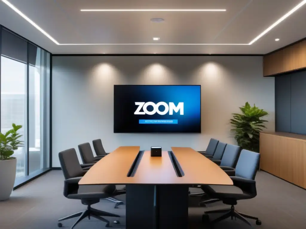 Moderno espacio de reunión con sistema de videoconferencia de vanguardia Salas Zoom para mejorar colaboración en PYME: ambiente profesional y productivo con sistema de videoconferencia de última generación y diseño elegante